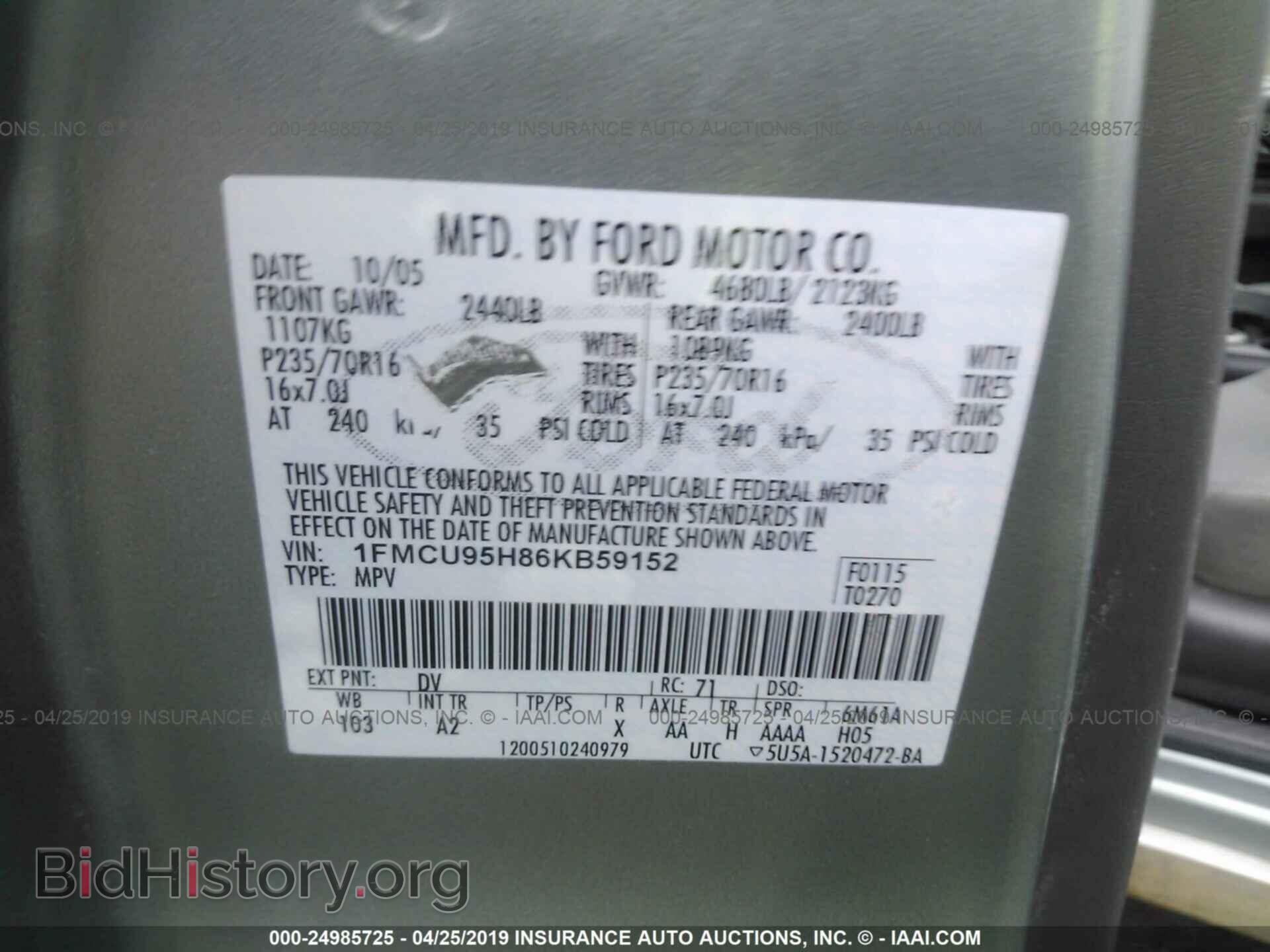 2006 FORD ESCAPE - VIN: 1FMCU95H86KB59152 - Фото 9