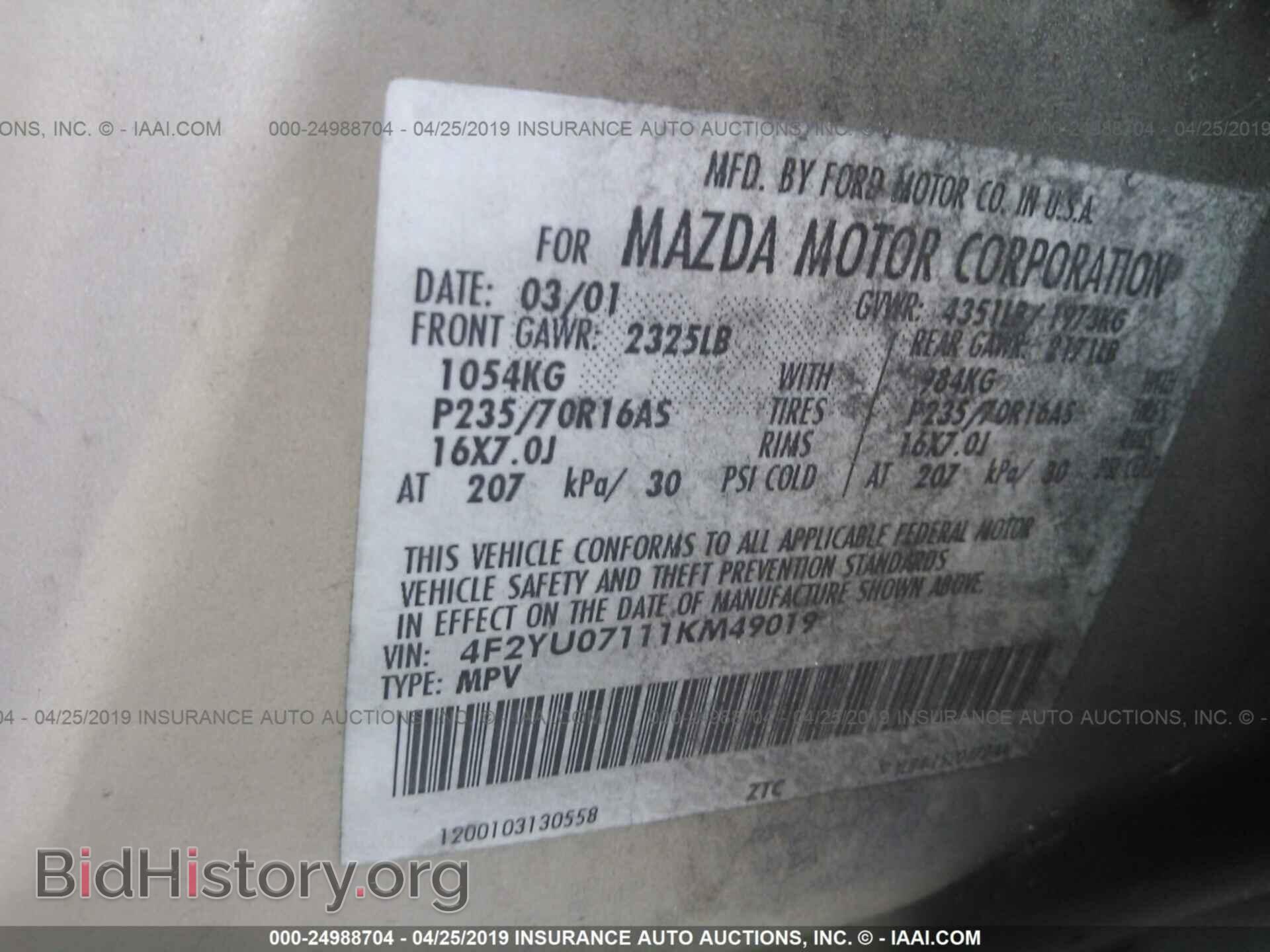 2001 MAZDA TRIBUTE - VIN: 4F2YU07111KM49019 - Фото 9