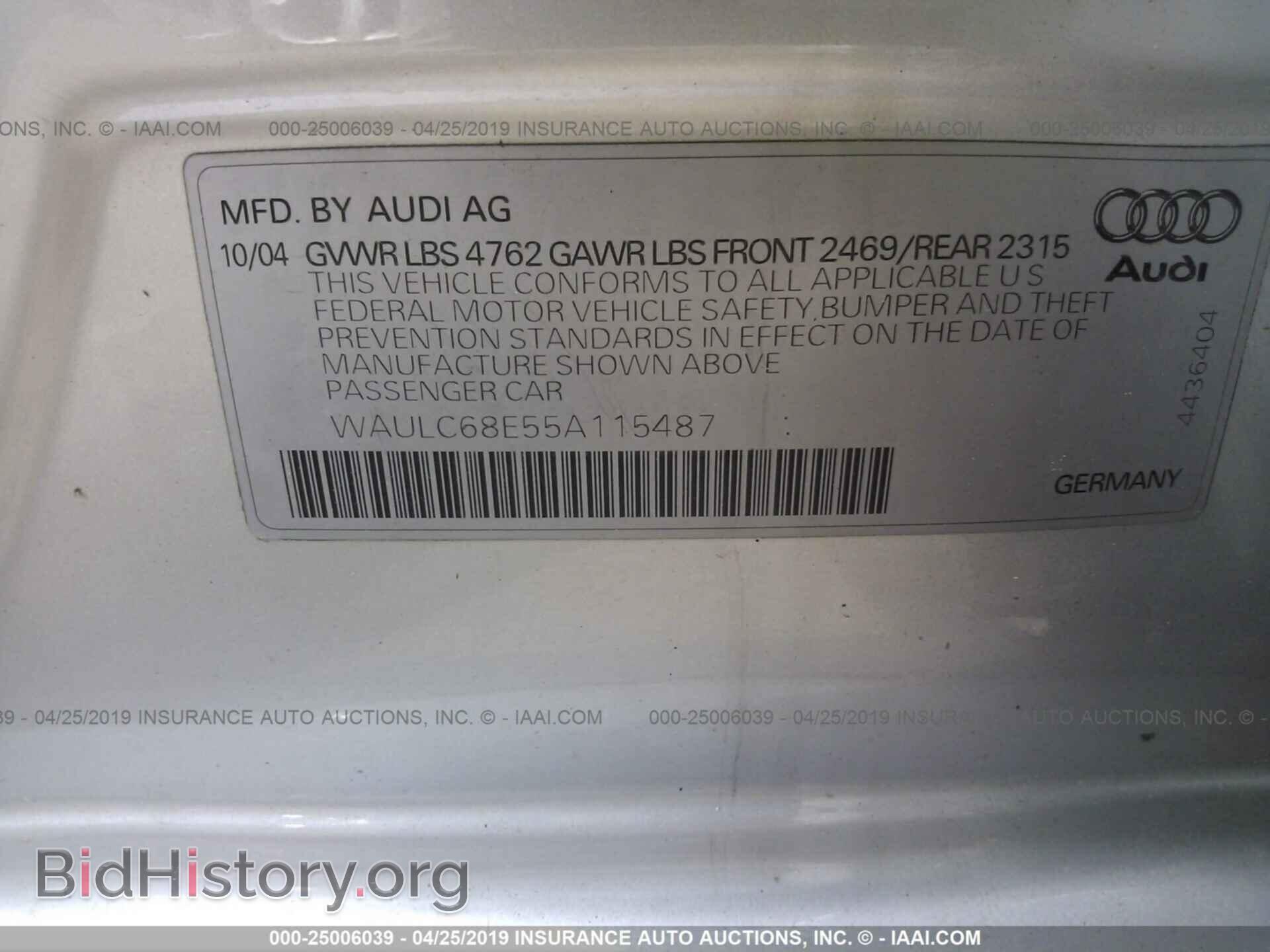 2005 AUDI A4 - VIN: WAULC68E55A115487 - Фото 9