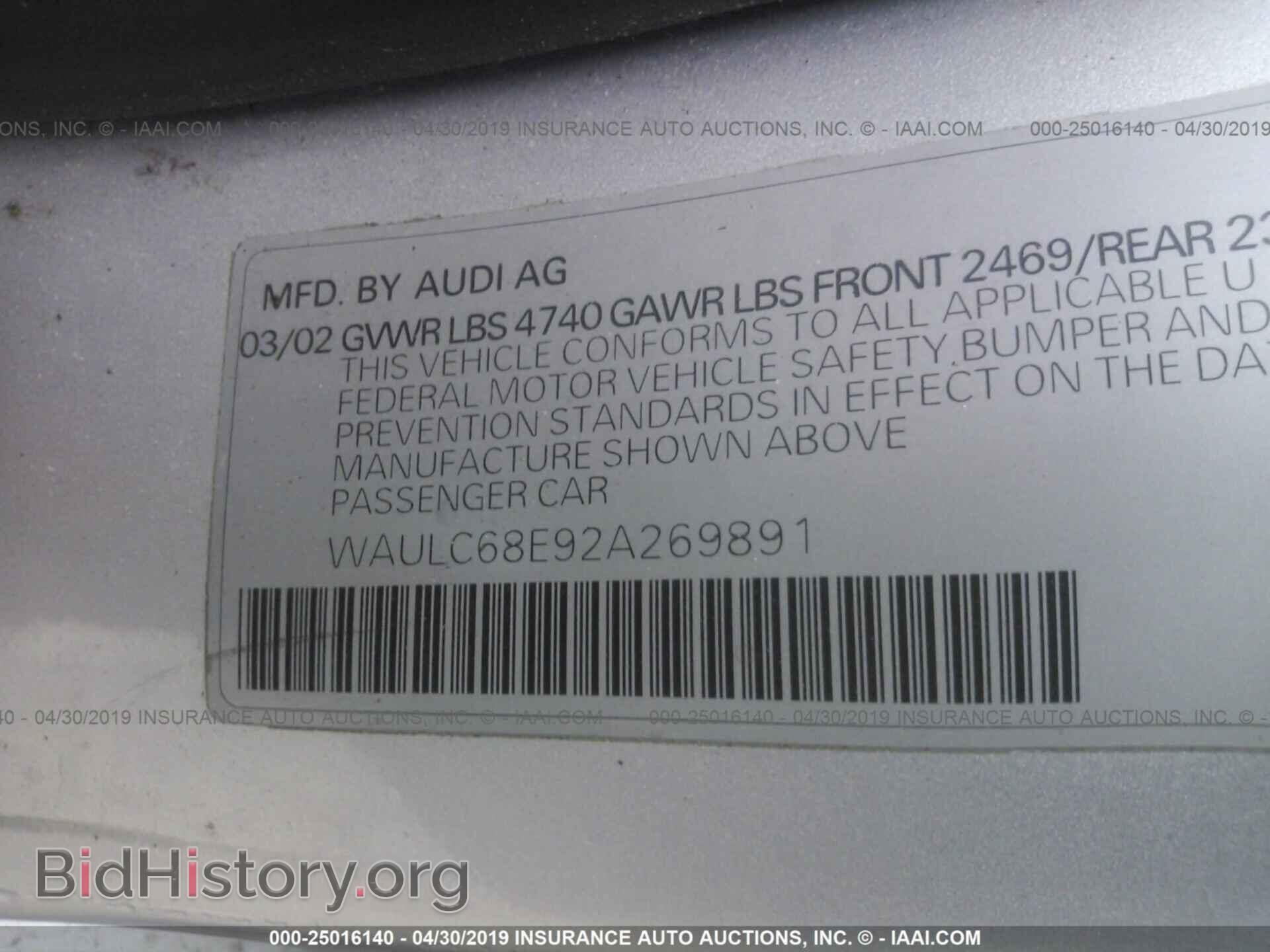 2002 AUDI A4 - VIN: WAULC68E92A269891 - Фото 9
