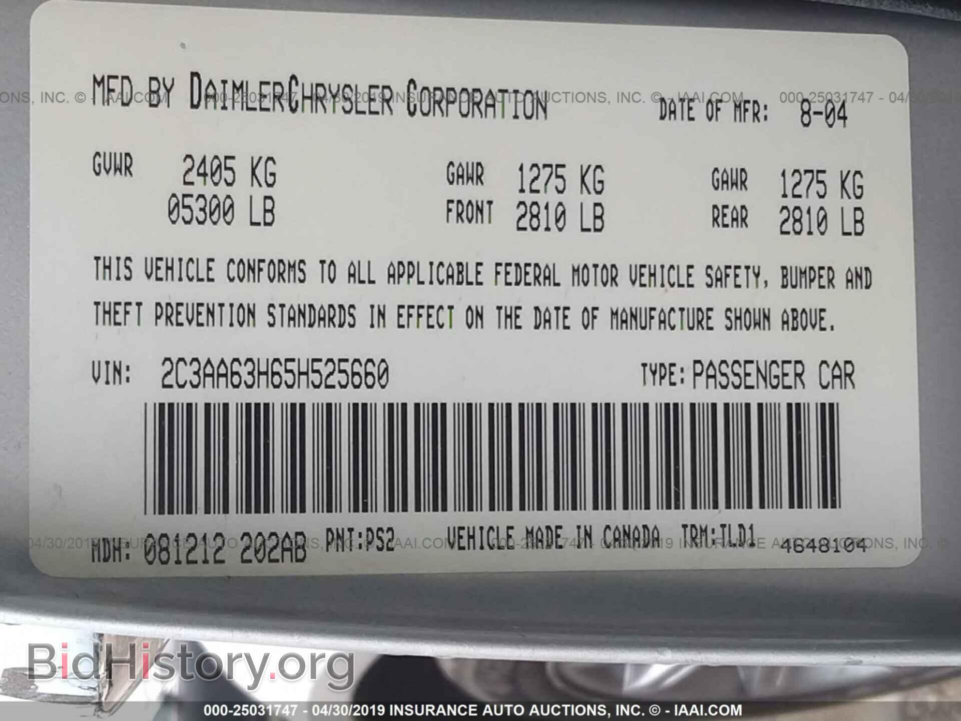 2005 CHRYSLER 300C - VIN: 2C3AA63H65H525660 - Фото 9