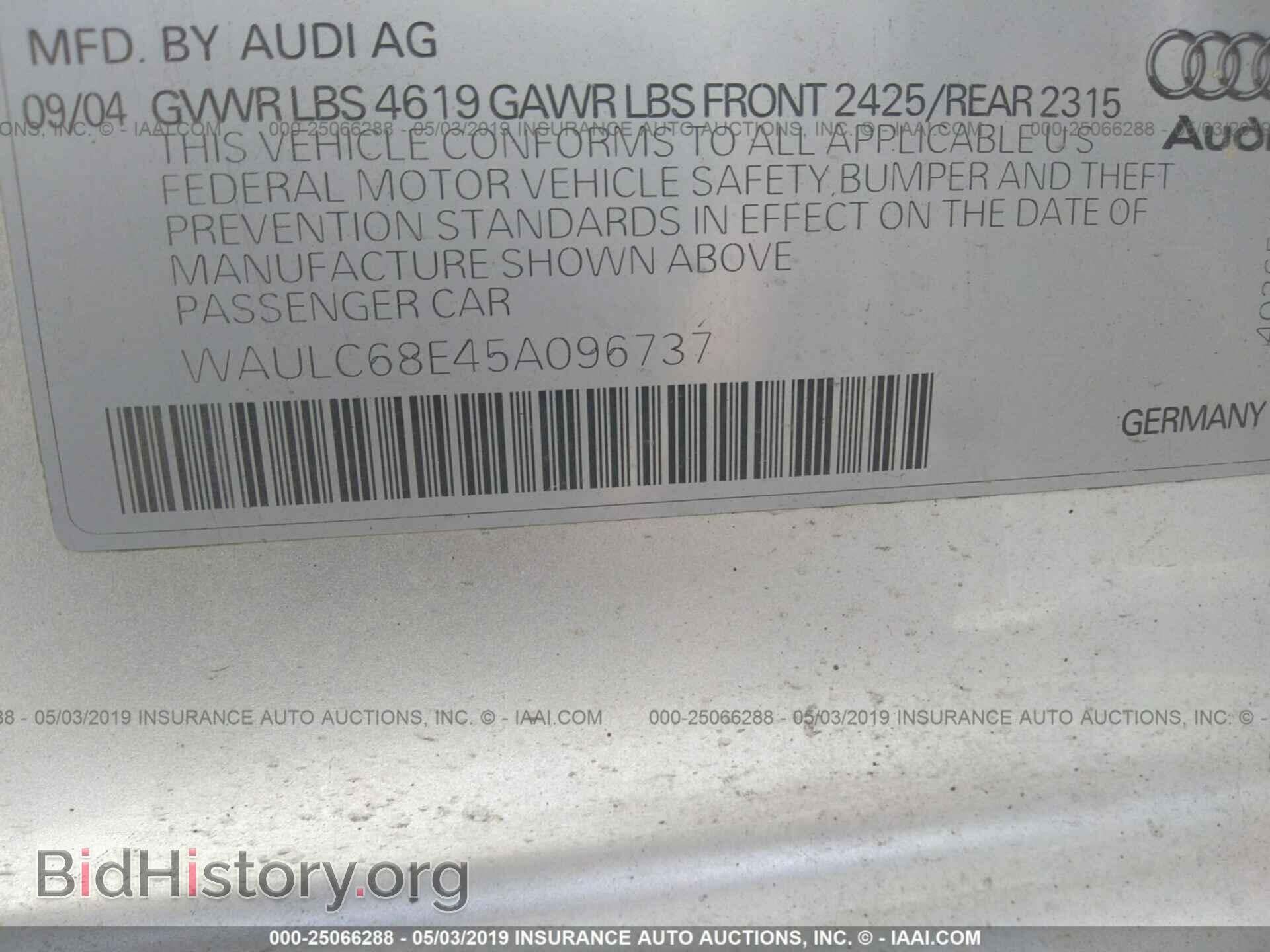 2005 AUDI A4 - VIN: WAULC68E45A096737 - Фото 9