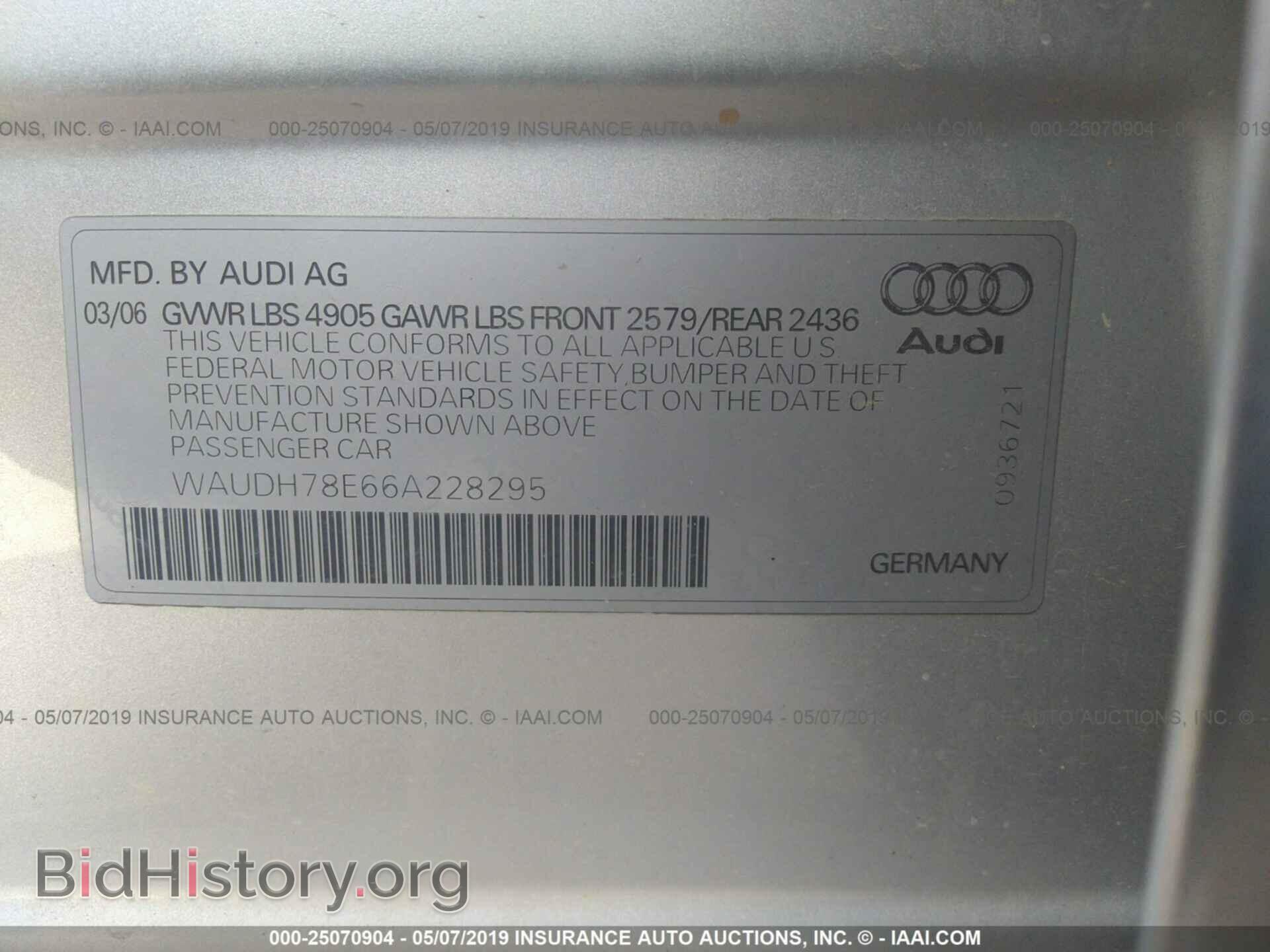 2006 AUDI A4 - VIN: WAUDH78E66A228295 - Фото 9