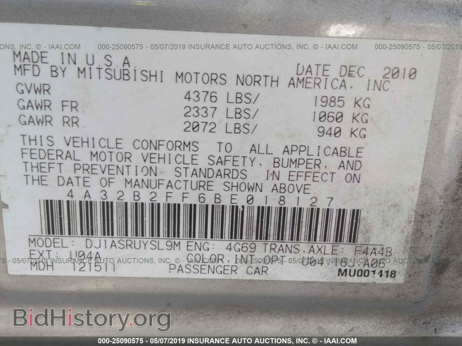 2011 MITSUBISHI GALANT - VIN: 4A32B2FF6BE018127 - Фото 9