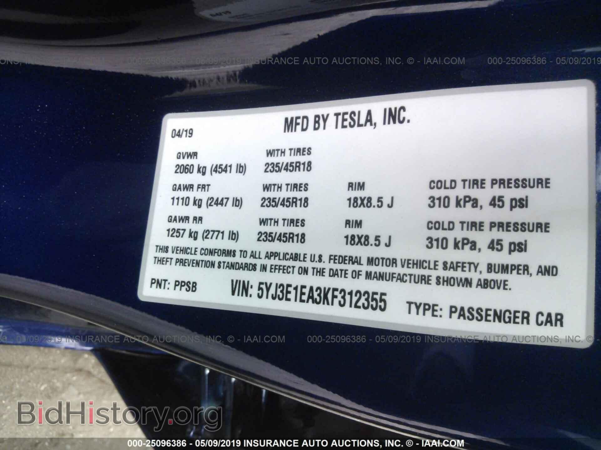 2019 TESLA MODEL 3 - VIN: 5YJ3E1EA3KF312355 - Фото 9