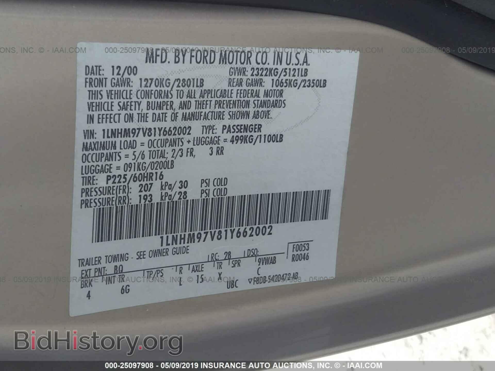 2001 LINCOLN CONTINENTAL - VIN: 1LNHM97V81Y662002 - Photo 9