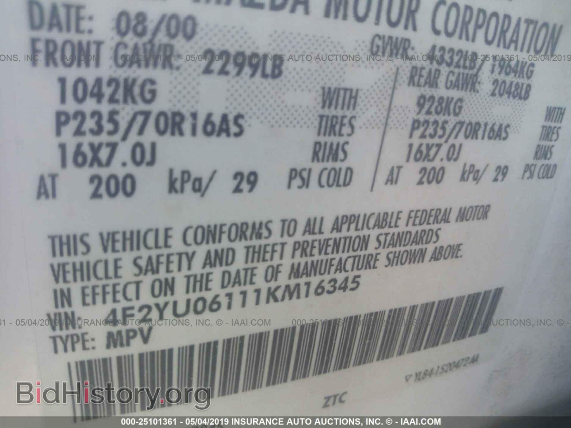 2001 MAZDA TRIBUTE - VIN: 4F2YU06111KM16345 - Фото 9