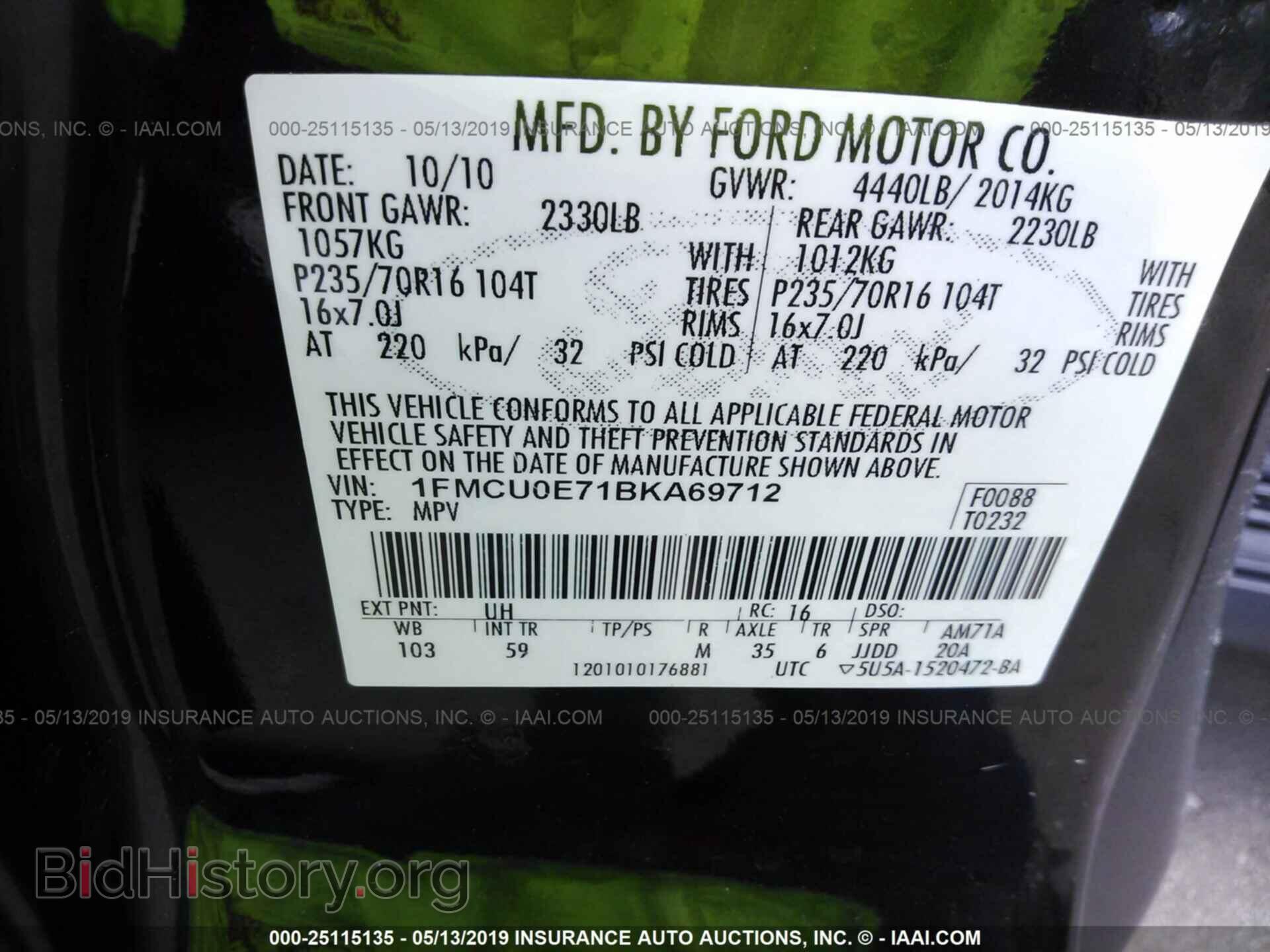 2011 FORD ESCAPE - VIN: 1FMCU0E71BKA69712 - Фото 9