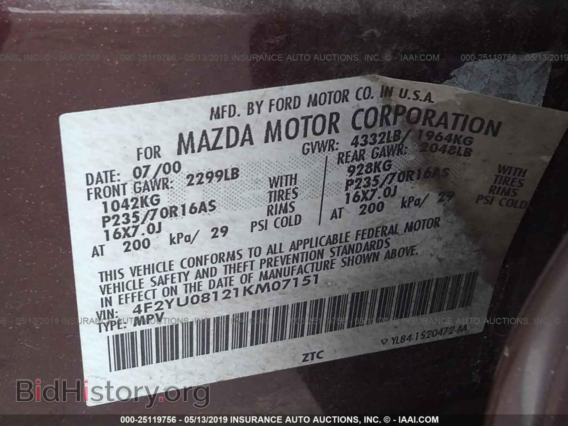 2001 MAZDA TRIBUTE - VIN: 4F2YU08121KM07151 - Фото 9