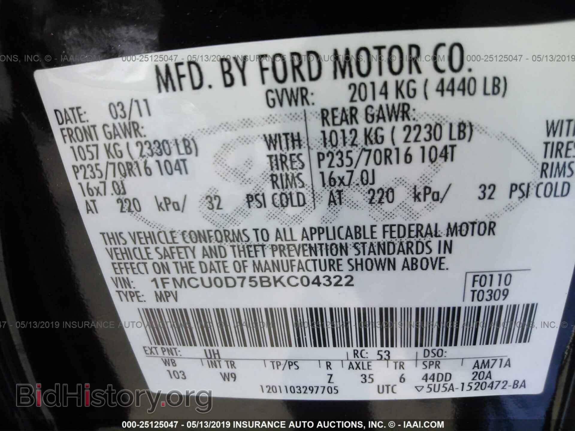 2011 FORD ESCAPE - VIN: 1FMCU0D75BKC04322 - Фото 9