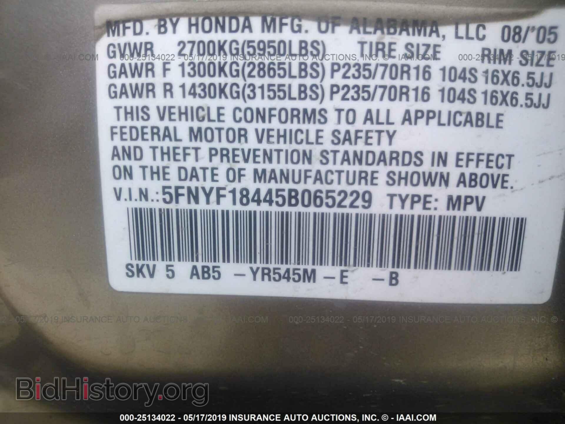 2005 HONDA PILOT - VIN: 5FNYF18445B065229 - Фото 9