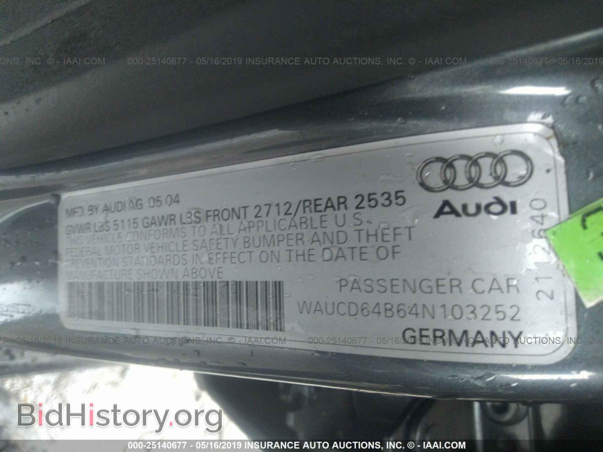 2004 AUDI A6 - VIN: WAUCD64B64N103252 - Фото 9