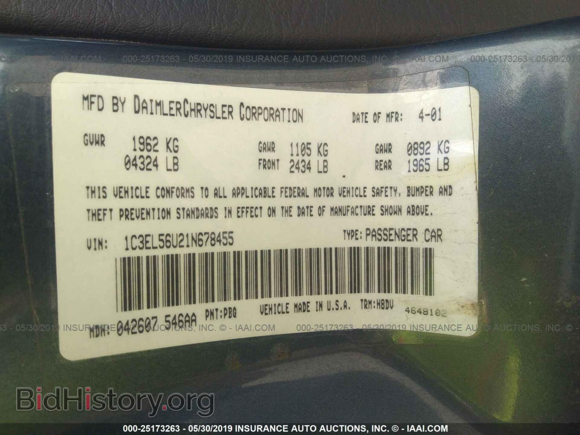 2001 CHRYSLER SEBRING - VIN: 1C3EL56U21N678455 - Фото 9