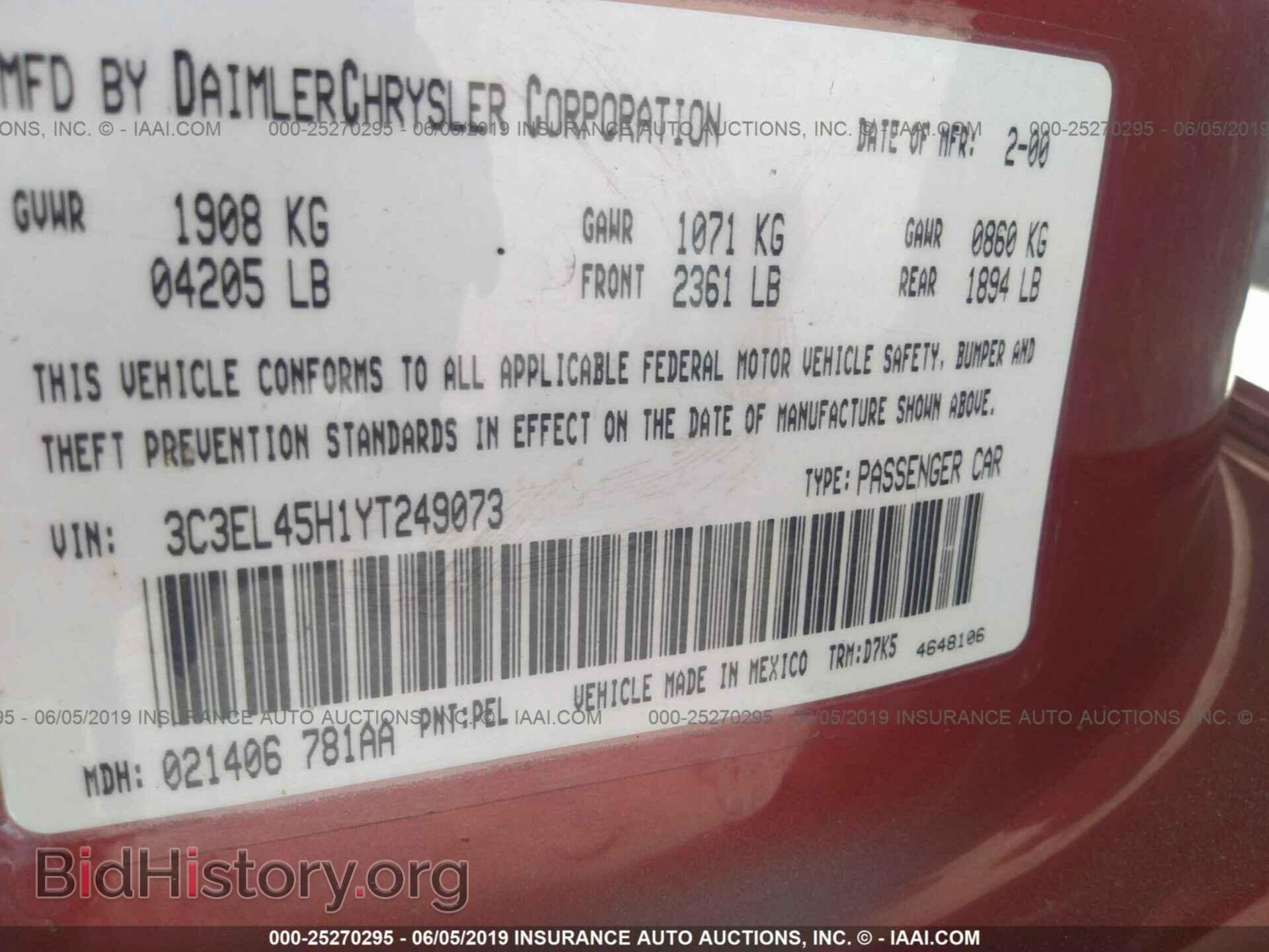 2000 CHRYSLER SEBRING - VIN: 3C3EL45H1YT249073 - Фото 9