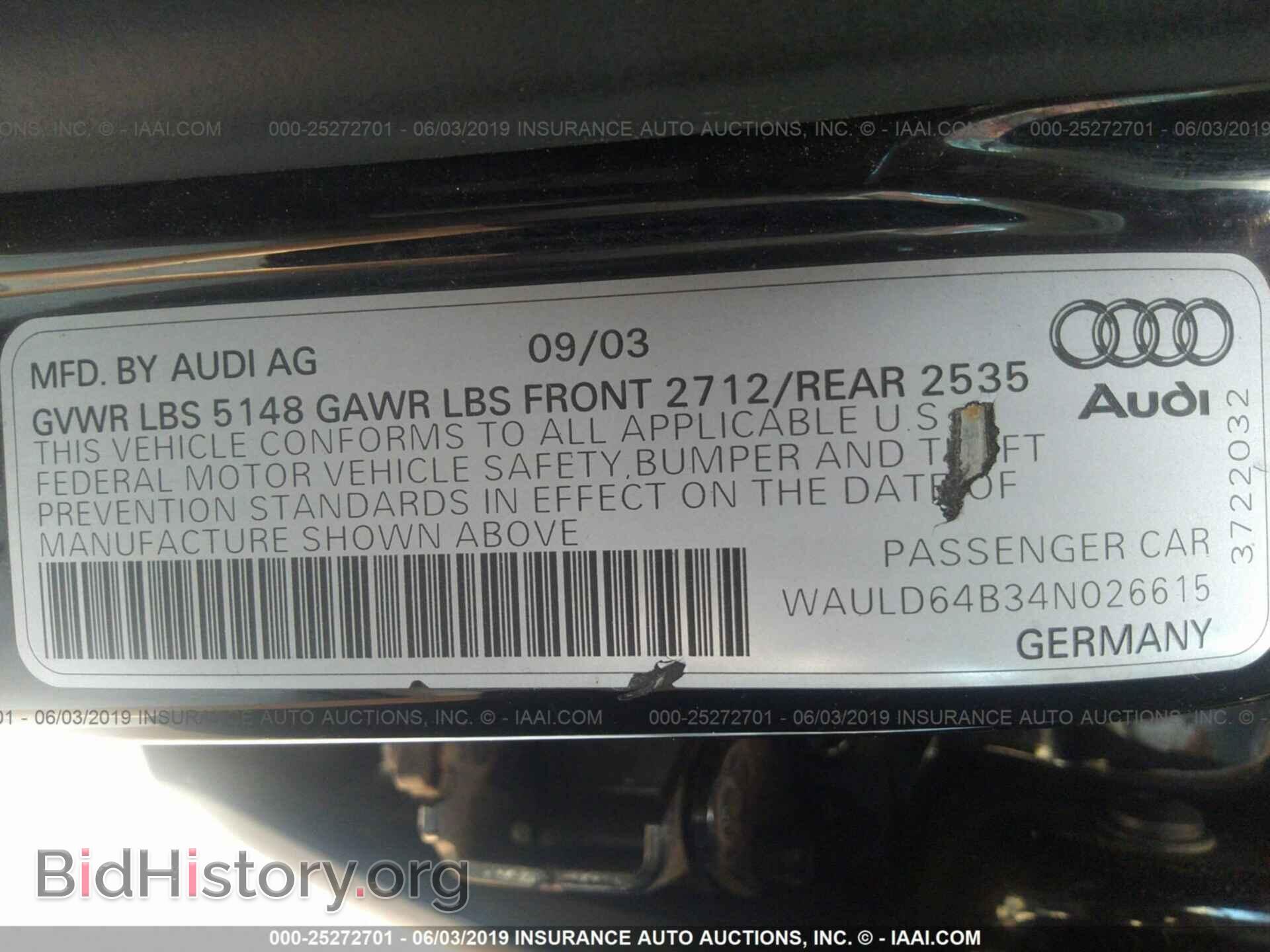 2004 AUDI A6 - VIN: WAULD64B34N026615 - Фото 9