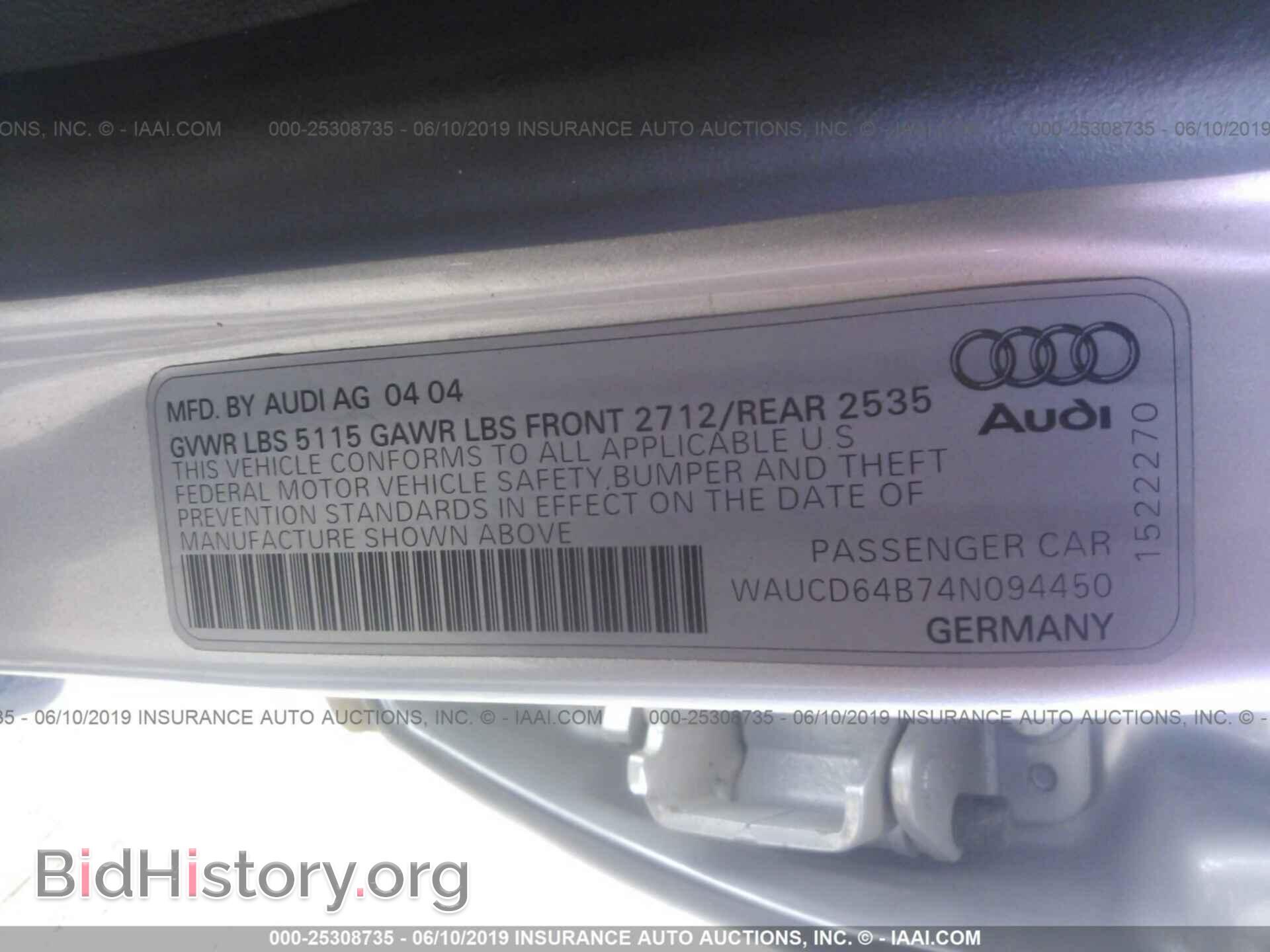 2004 AUDI A6 - VIN: WAUCD64B74N094450 - Фото 9