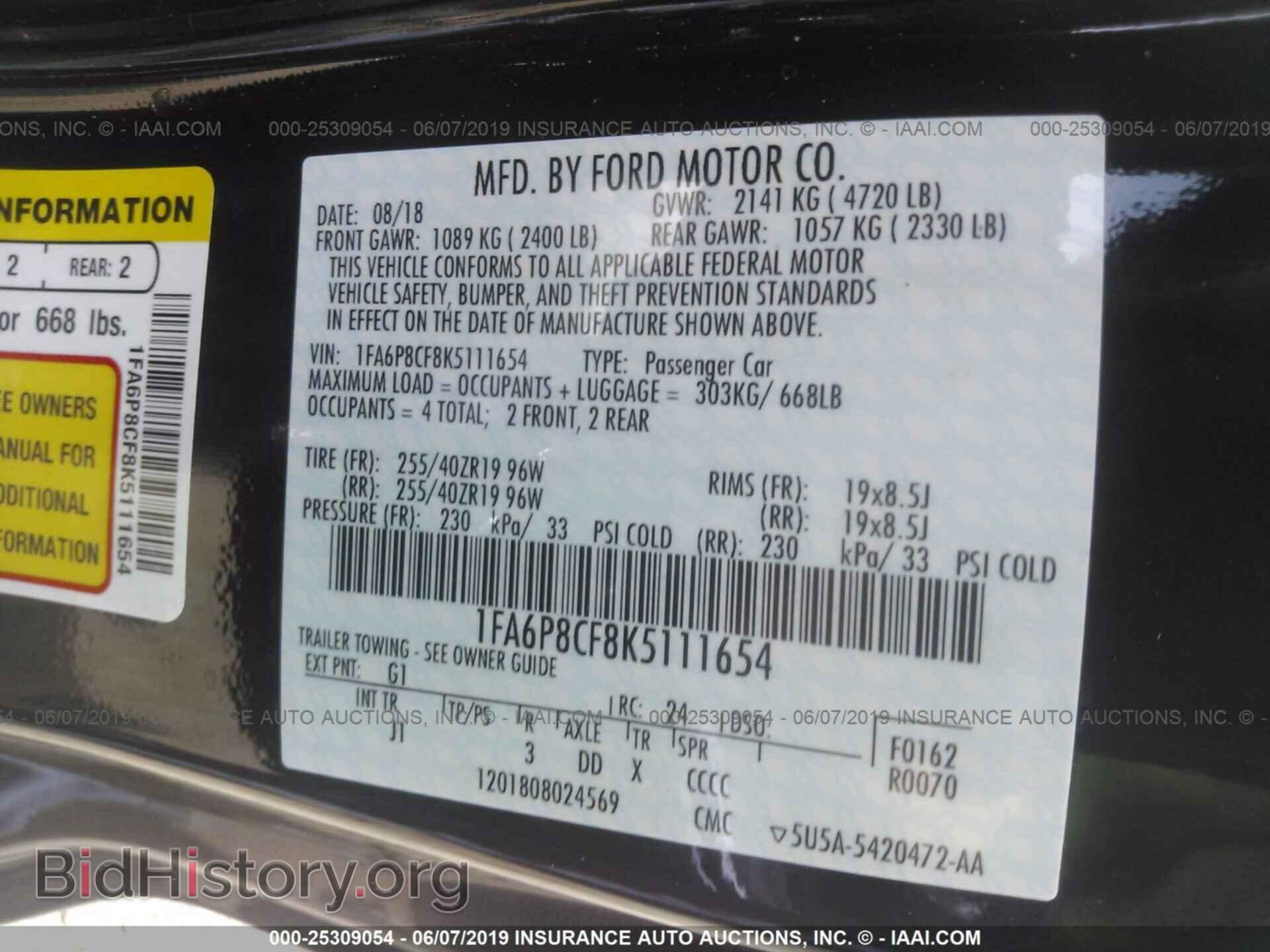 2019 FORD MUSTANG - VIN: 1FA6P8CF8K5111654 - Фото 9