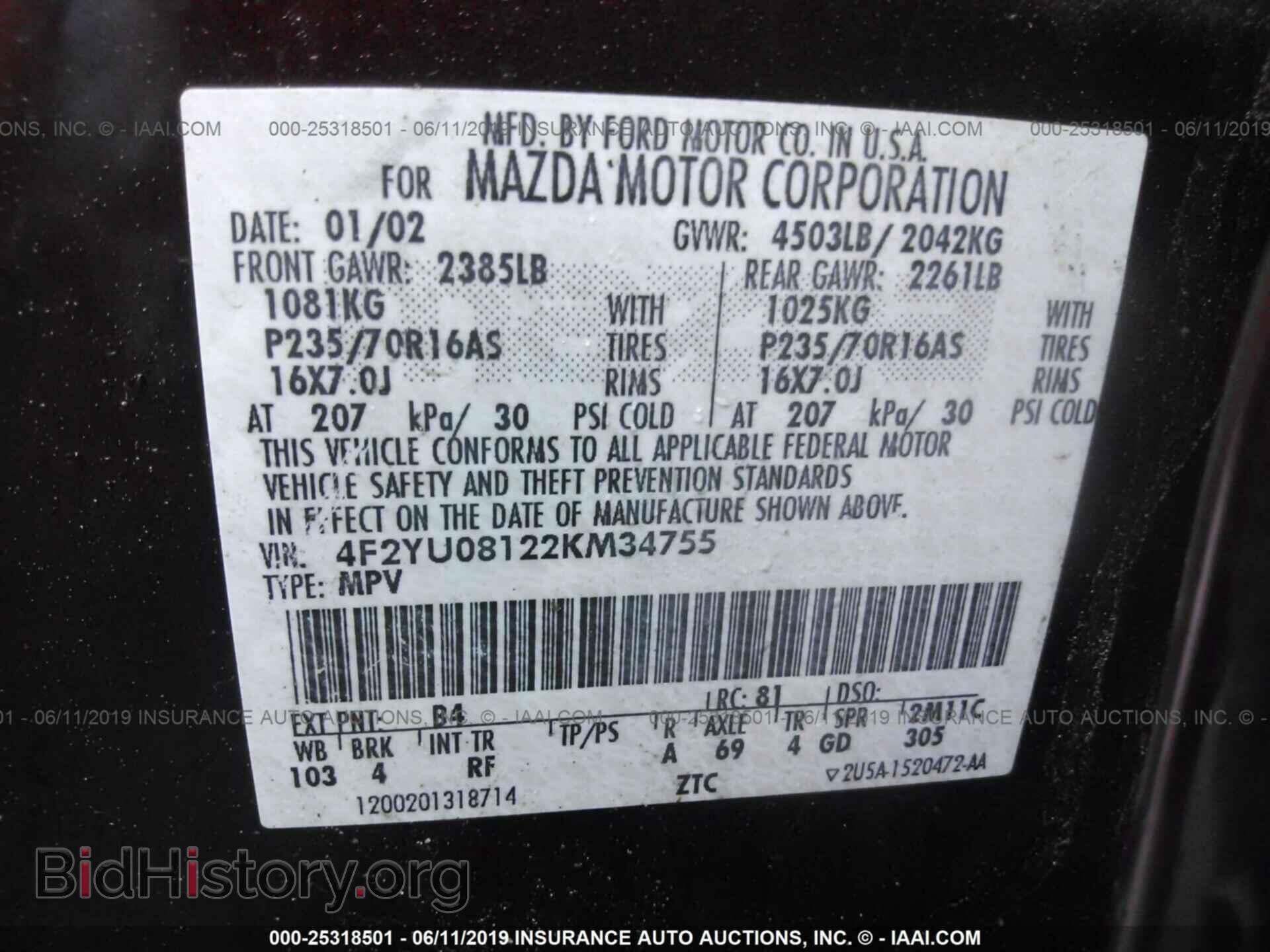 2002 MAZDA TRIBUTE - VIN: 4F2YU08122KM34755 - Фото 9