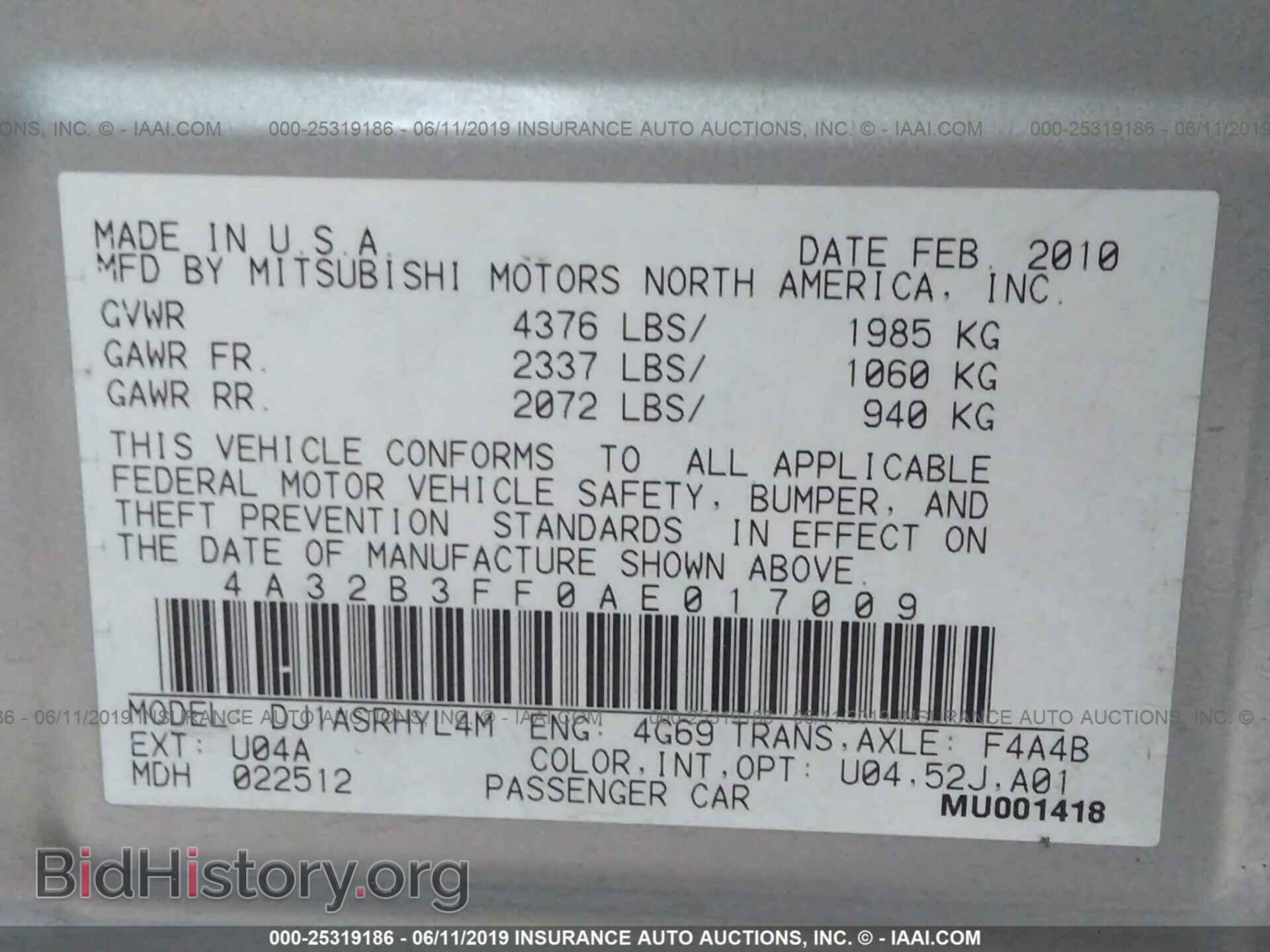 2010 MITSUBISHI GALANT - VIN: 4A32B3FF0AE017009 - Фото 9