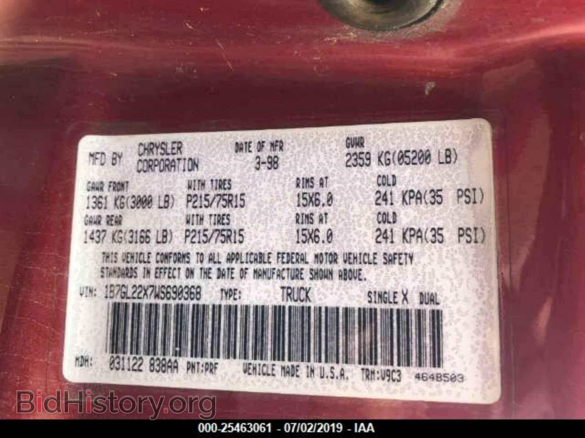 1998 DODGE DAKOTA - VIN: 1B7GL22X7WS690368 - Фото 9