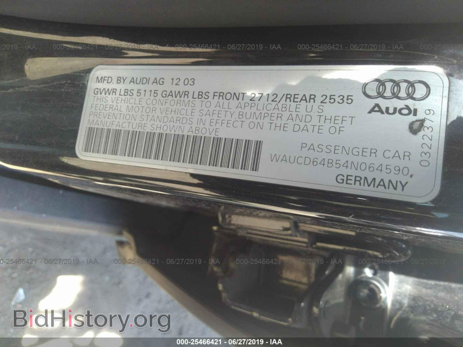 2004 AUDI A6 - VIN: WAUCD64B54N064590 - Фото 9