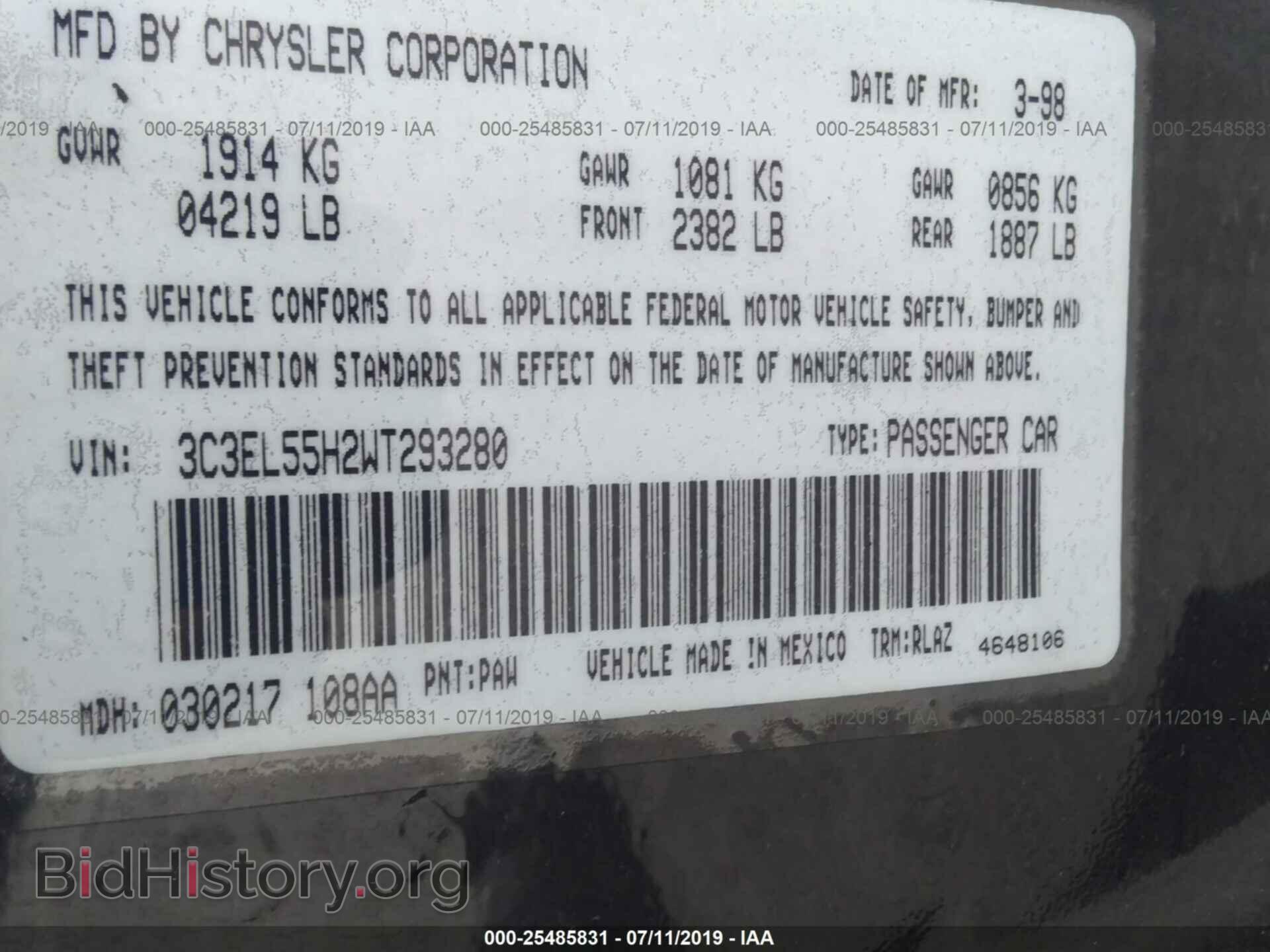 1998 CHRYSLER SEBRING - VIN: 3C3EL55H2WT293280 - Фото 9