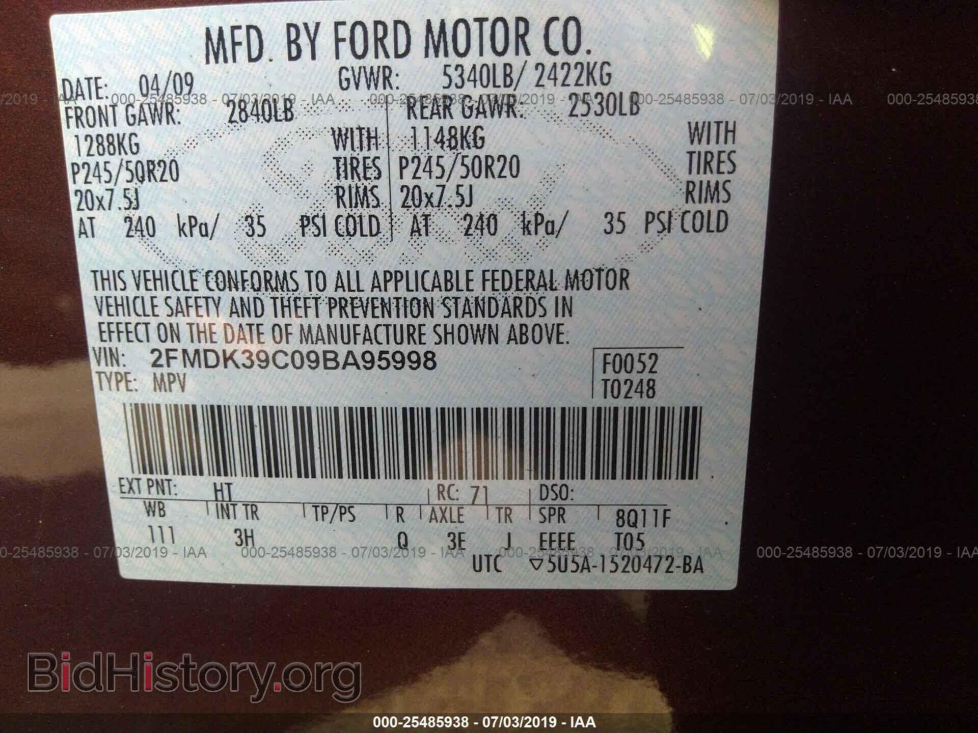 2009 FORD EDGE - VIN: 2FMDK39C09BA95998 - Фото 9
