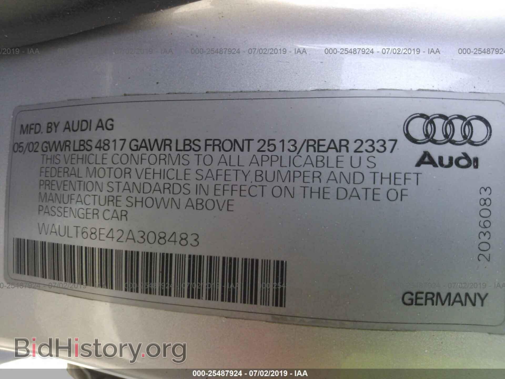 2002 AUDI A4 - VIN: WAULT68E42A308483 - Фото 9