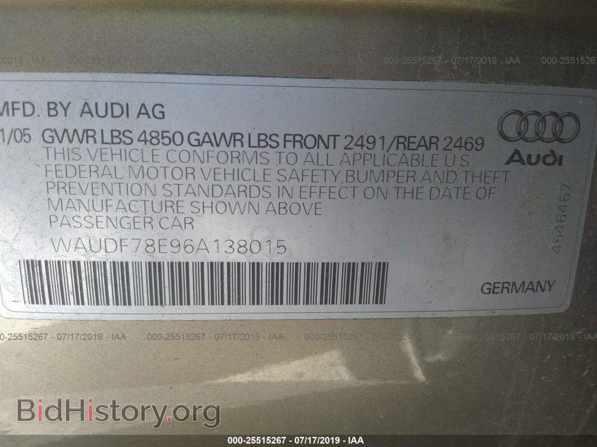 2006 AUDI A4 - VIN: WAUDF78E96A138015 - Фото 9