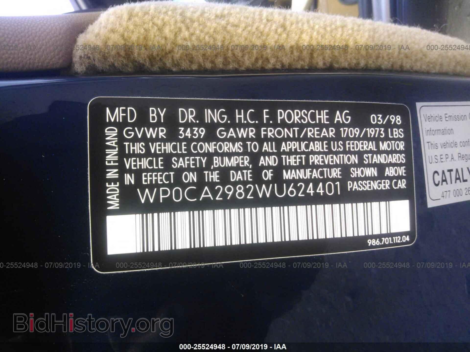 1998 PORSCHE BOXSTER - VIN: WP0CA2982WU624401 - Фото 9