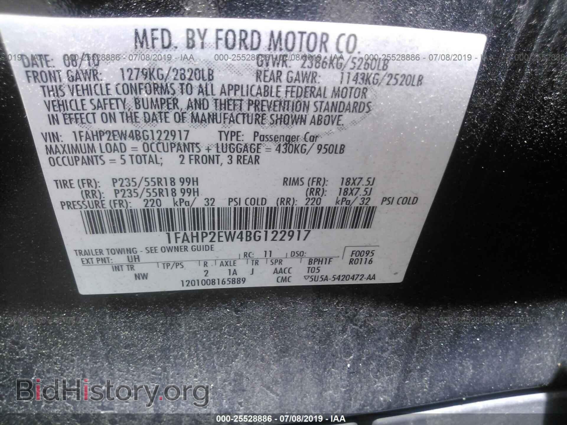 2011 FORD TAURUS - VIN: 1FAHP2EW4BG122917 - Фото 9