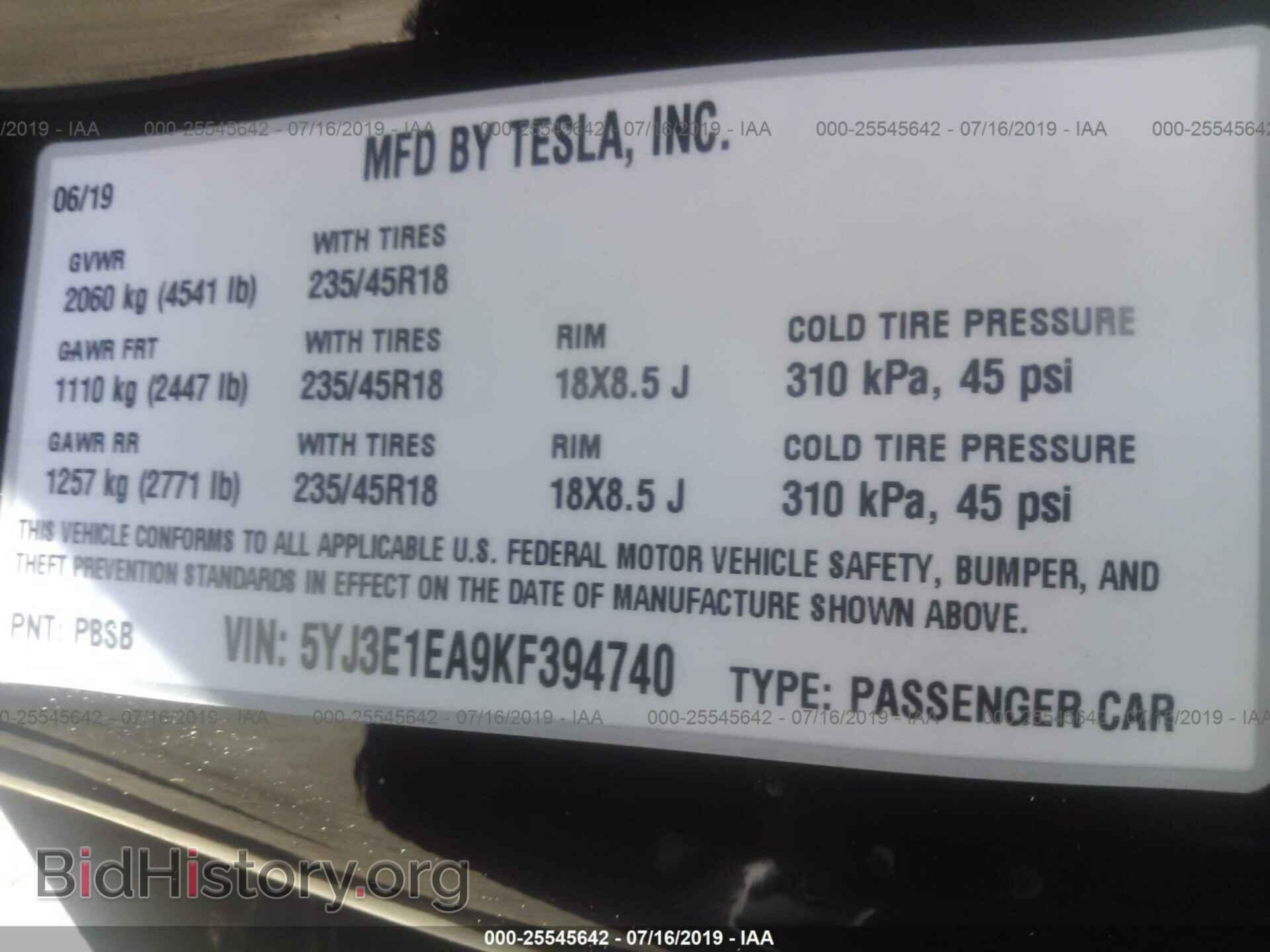 2019 TESLA MODEL 3 - VIN: 5YJ3E1EA9KF394740 - Фото 9