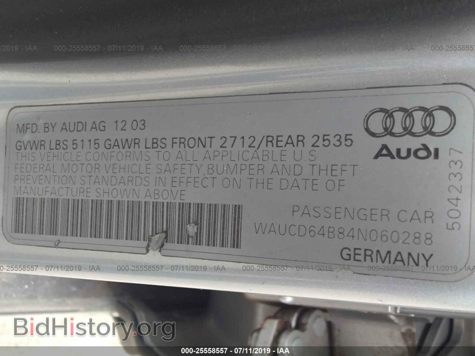 2004 AUDI A6 - VIN: WAUCD64B84N060288 - Фото 9