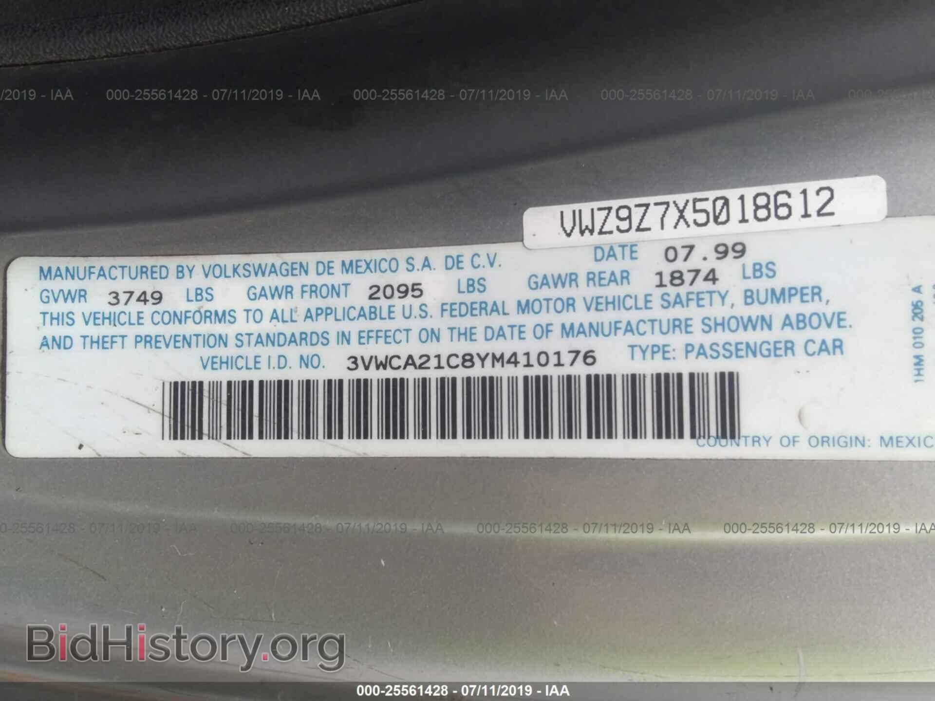 2000 VOLKSWAGEN NEW BEETLE - VIN: 3VWCA21C8YM410176 - Фото 9