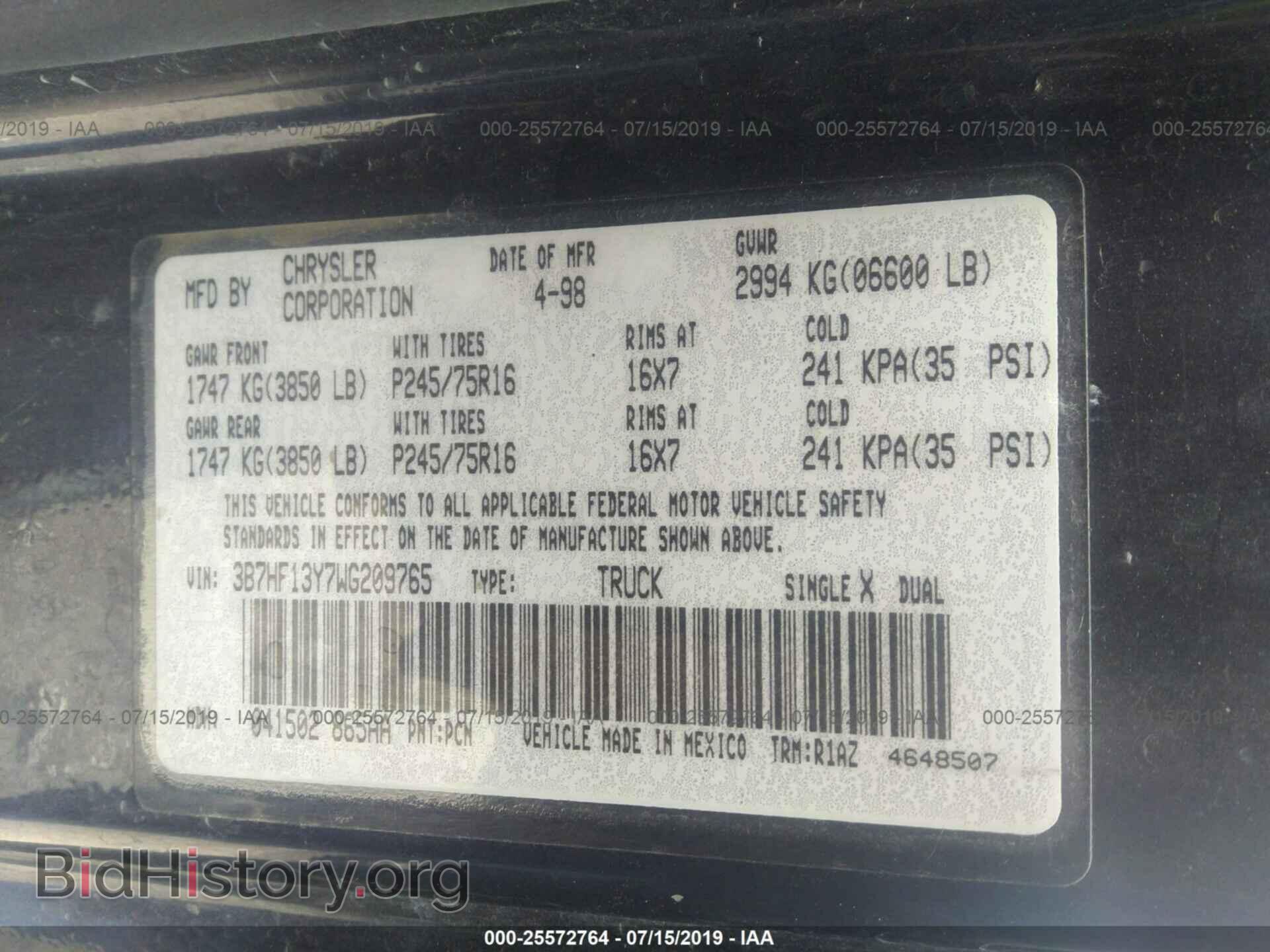 1998 DODGE RAM 1500 - VIN: 3B7HF13Y7WG209765 - Фото 9