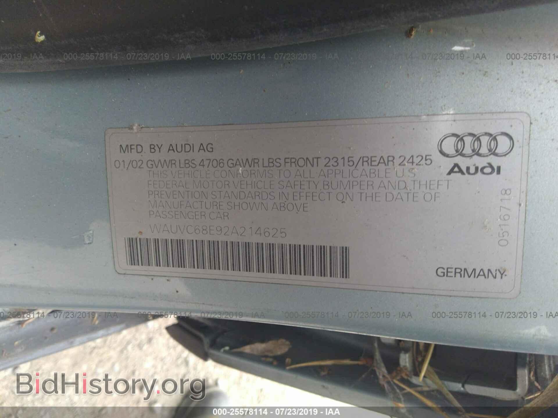 2002 AUDI A4 - VIN: WAUVC68E92A214625 - Фото 9
