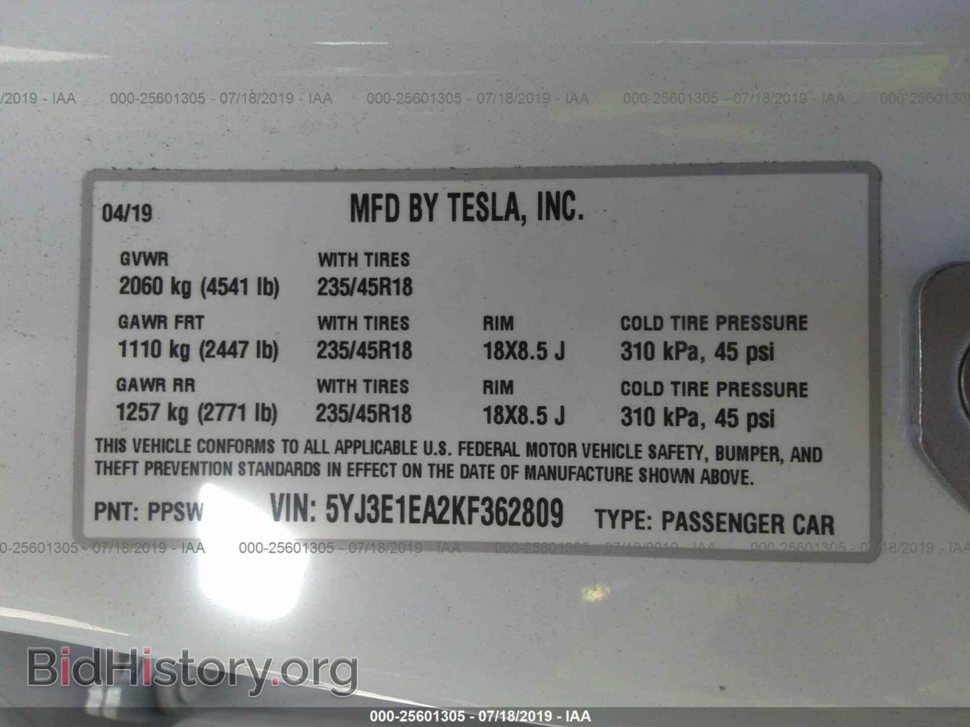 2019 TESLA MODEL 3 - VIN: 5YJ3E1EA2KF362809 - Photo 9