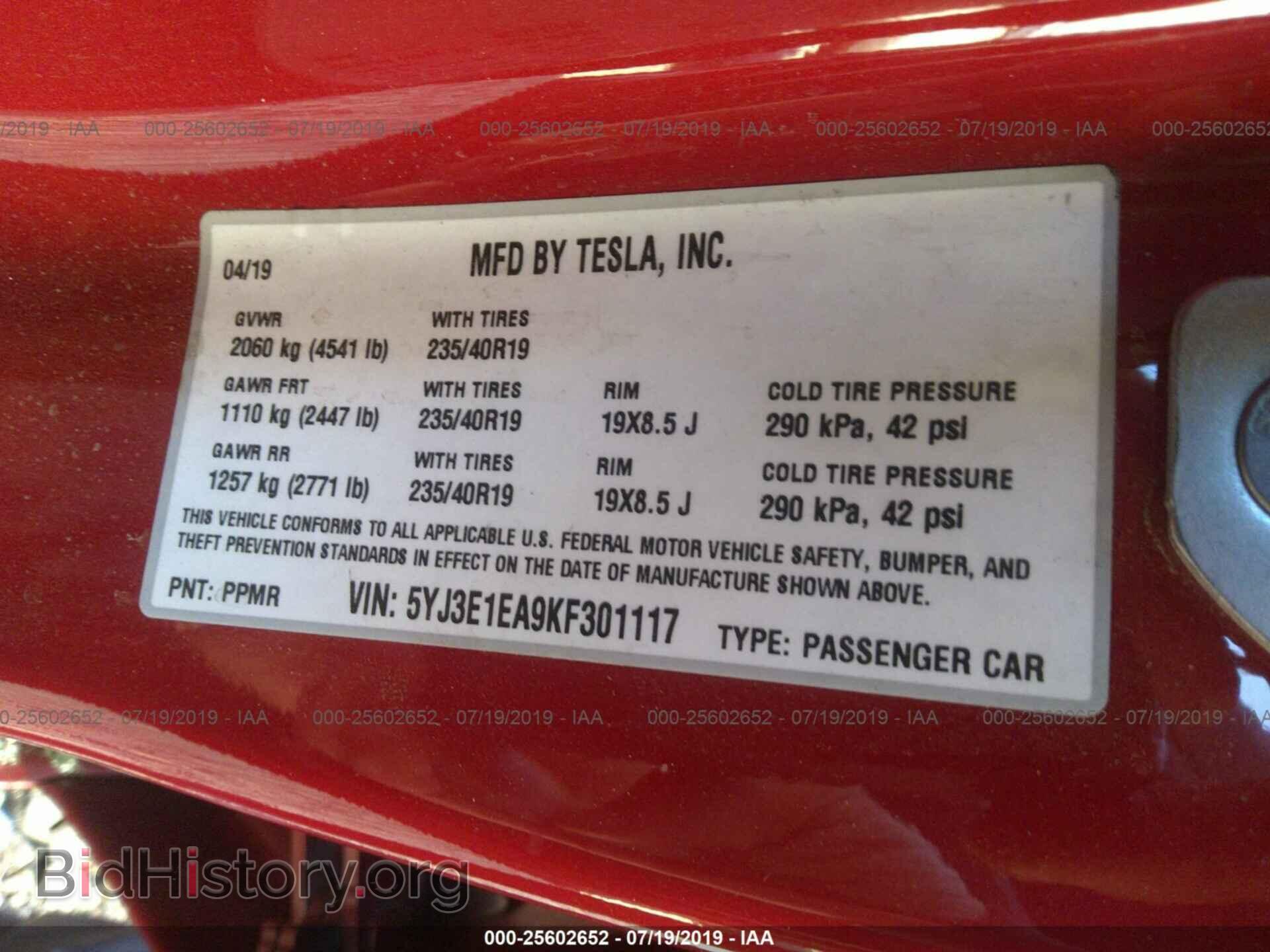 2019 TESLA MODEL 3 - VIN: 5YJ3E1EA9KF301117 - Фото 9