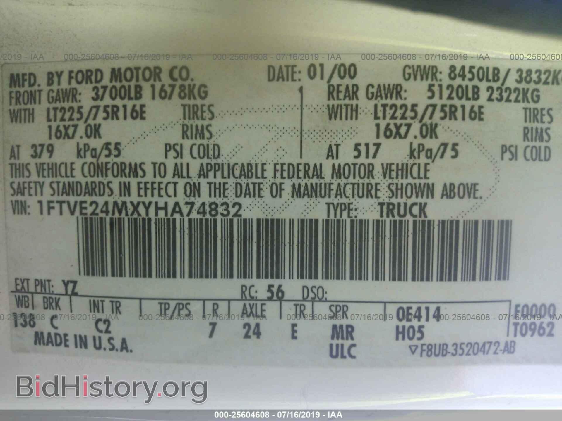 2000 FORD ECONOLINE - VIN: 1FTVE24MXYHA74832 - Photo 9