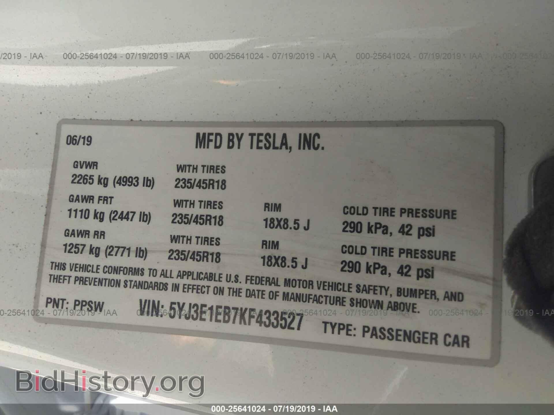 2019 TESLA MODEL 3 - VIN: 5YJ3E1EB7KF433527 - Фото 9