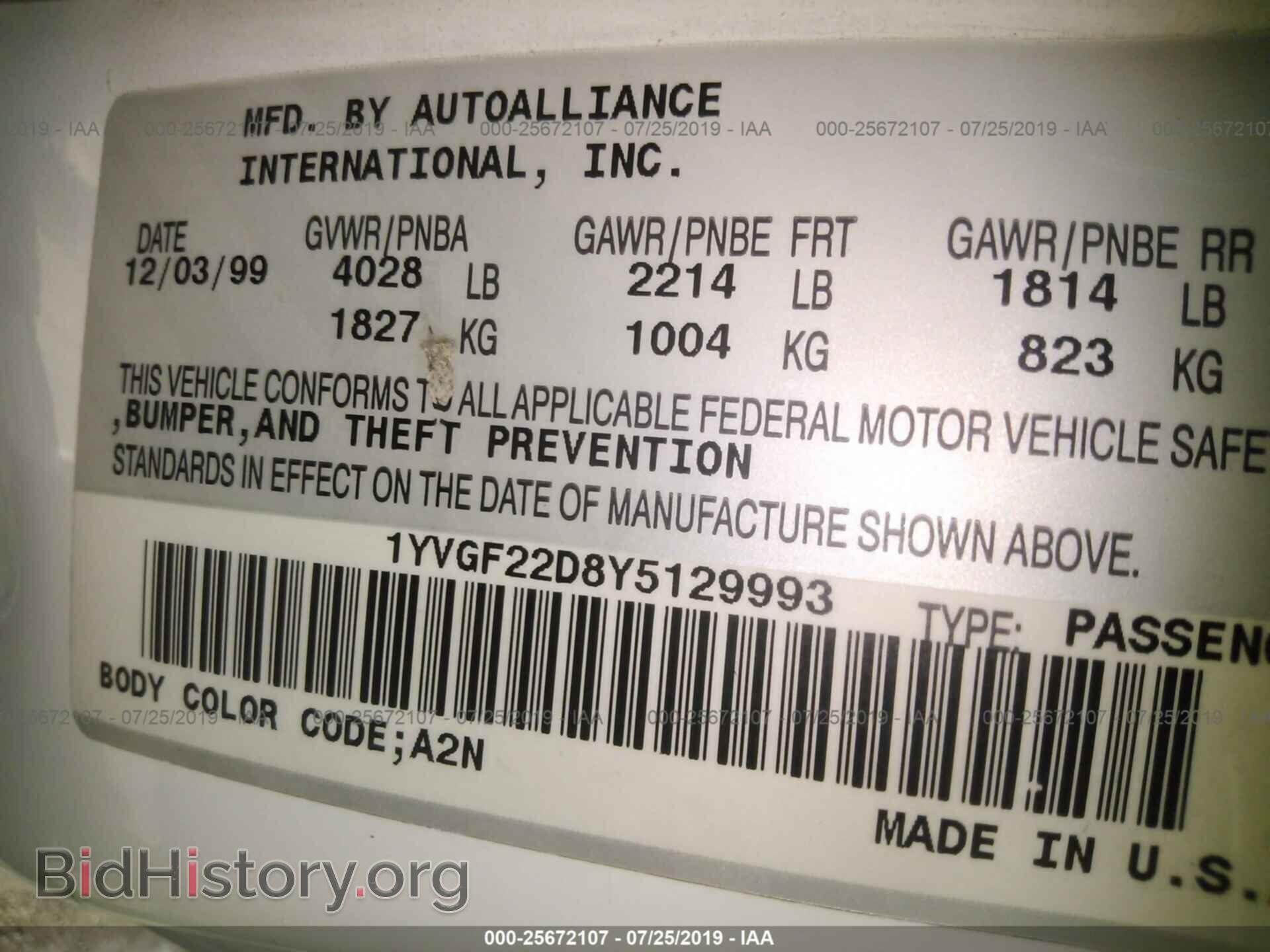 2000 MAZDA 626 - VIN: 1YVGF22D8Y5129993 - Фото 9