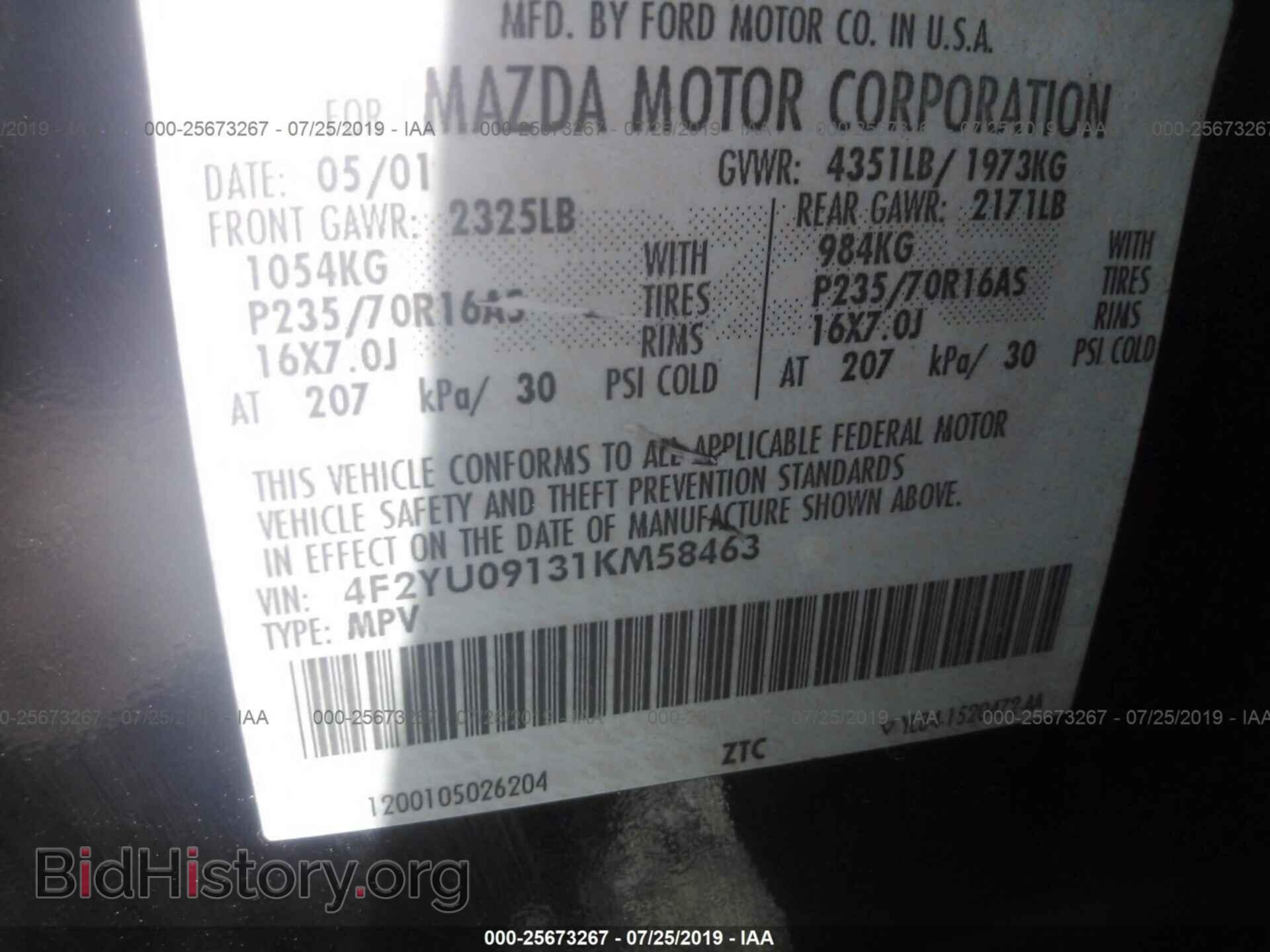 2001 MAZDA TRIBUTE - VIN: 4F2YU09131KM58463 - Фото 9