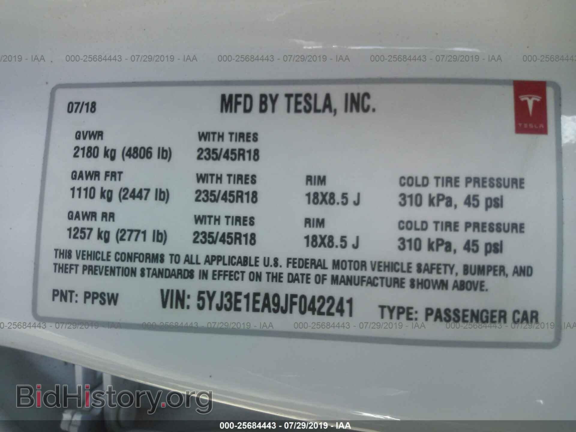 2018 TESLA MODEL 3 - VIN: 5YJ3E1EA9JF042241 - Фото 9