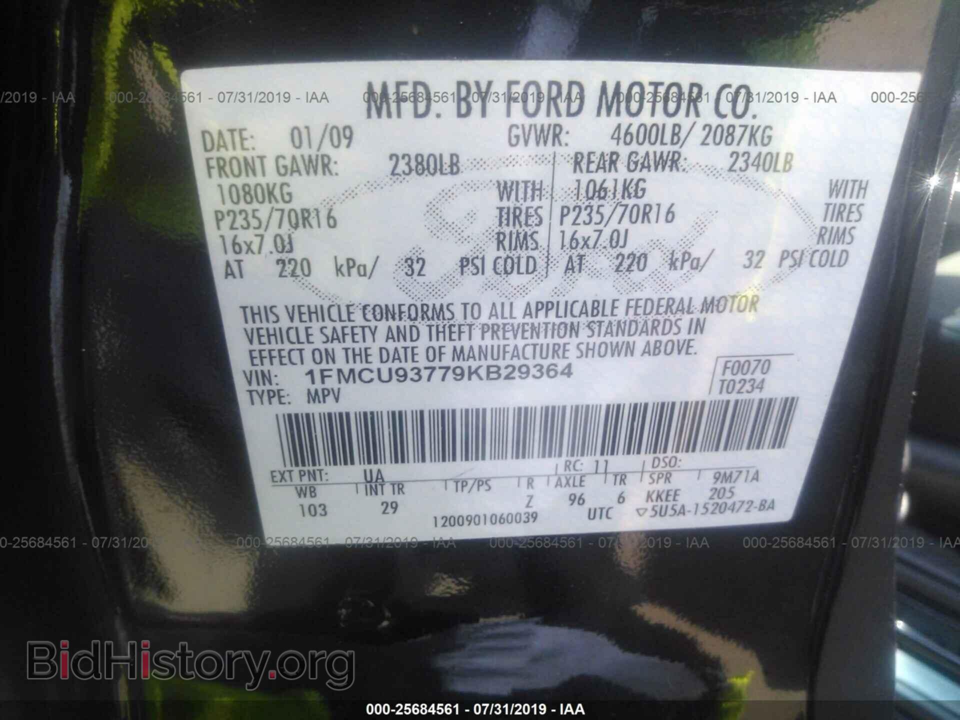 2009 FORD ESCAPE - VIN: 1FMCU93779KB29364 - Фото 9