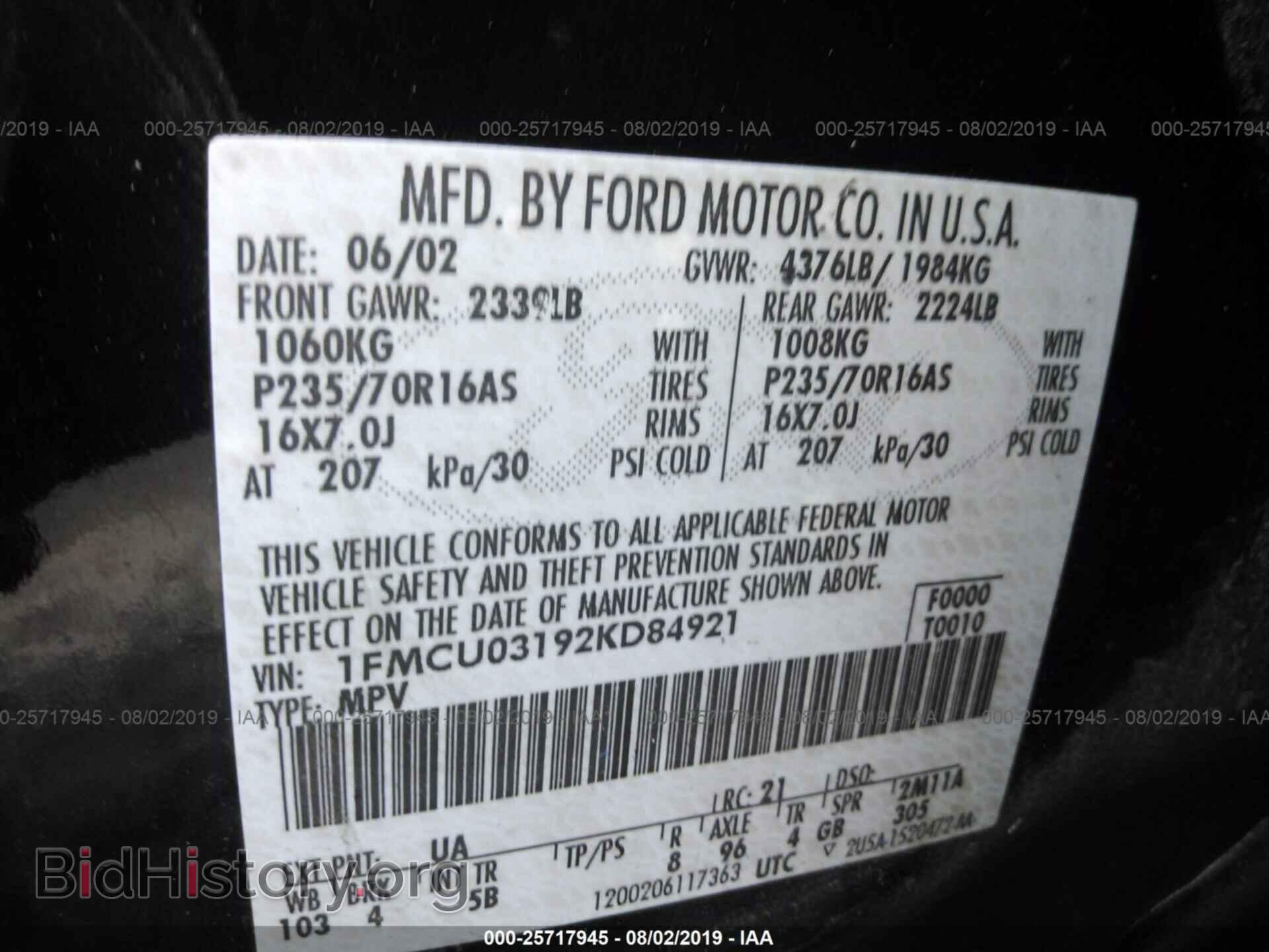 2002 FORD ESCAPE - VIN: 1FMCU03192KD84921 - Фото 9