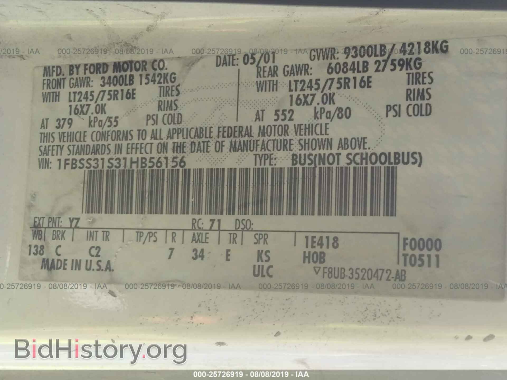 2001 FORD ECONOLINE - VIN: 1FBSS31S31HB56156 - Фото 9