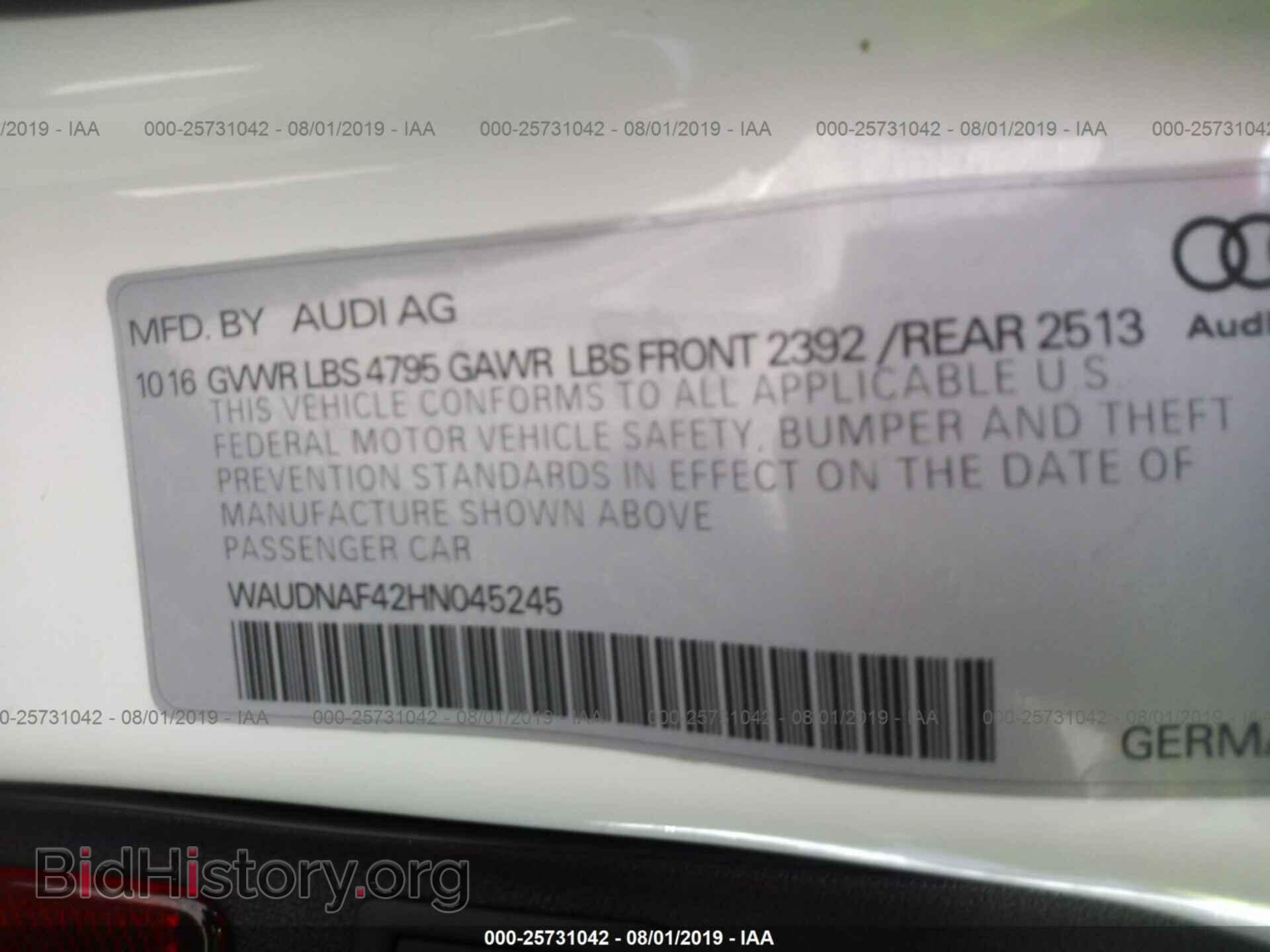 2017 AUDI A4 - VIN: WAUDNAF42HN045245 - Фото 9