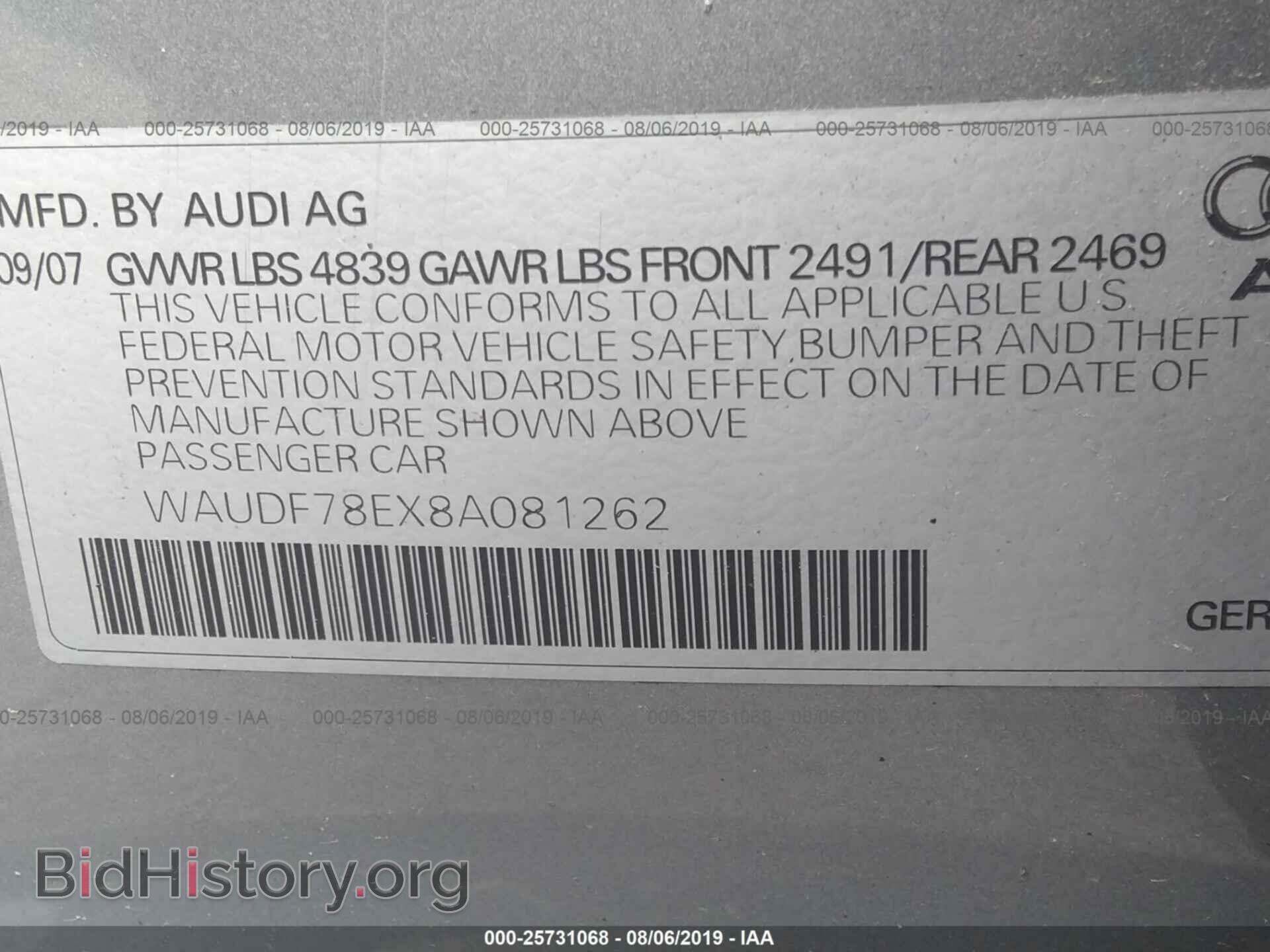 2008 AUDI A4 - VIN: WAUDF78EX8A081262 - Фото 9