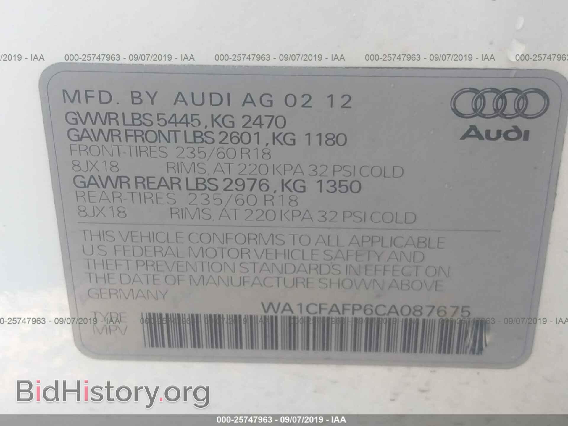 2012 AUDI Q5 - VIN: WA1CFAFP6CA087675 - Фото 9