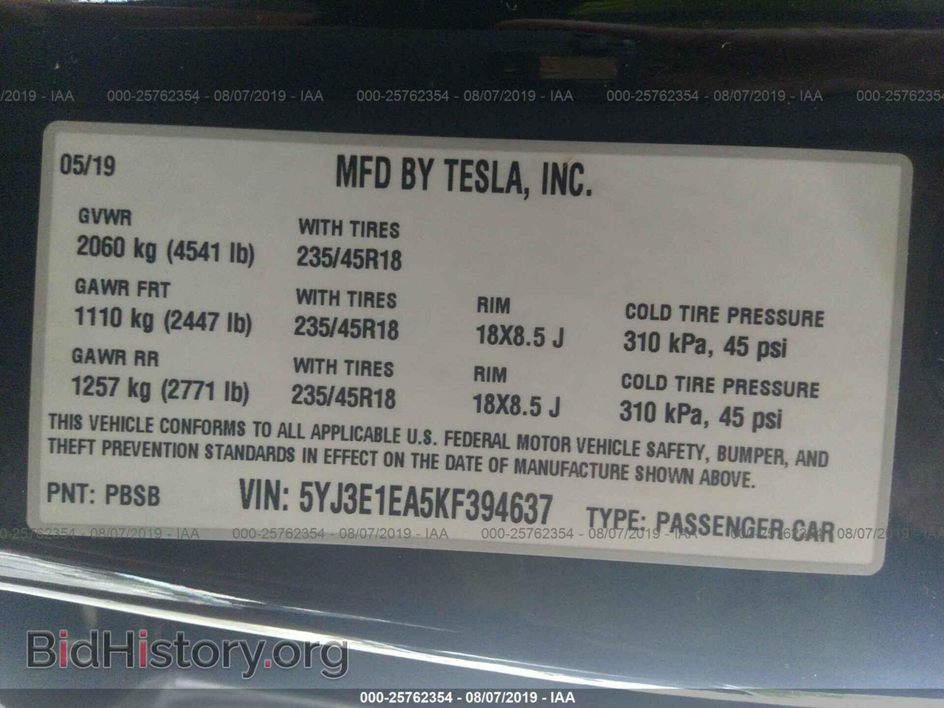 2019 TESLA MODEL 3 - VIN: 5YJ3E1EA5KF394637 - Фото 9